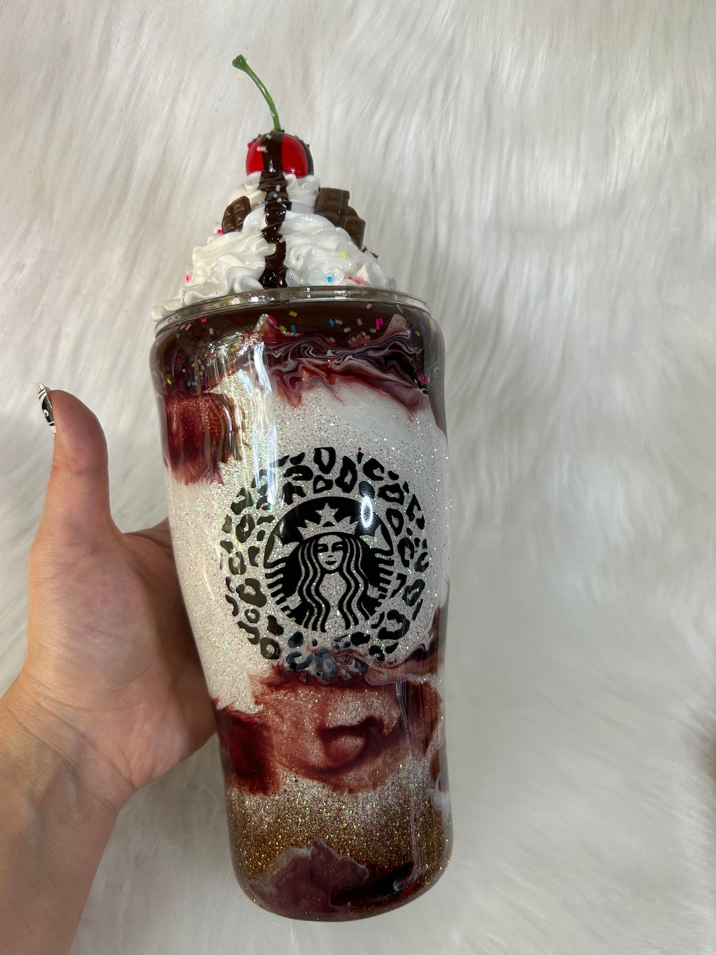 Chocolate Mocha tumbler, custom 3d tumbler with realistic whipped cream removable topper and chocolate drizzle 3d dripping glitter cup.