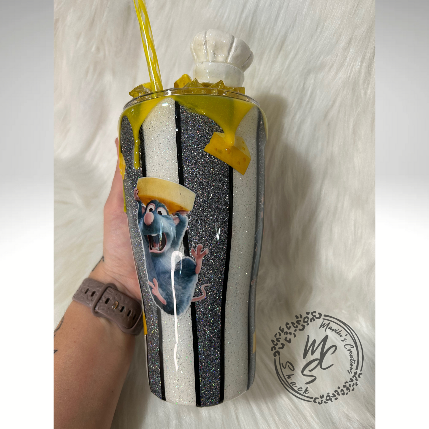 Remy Ratatoullie Tumbler with 3D cheese drip and Cheese, Wine and Chef Hat Topper