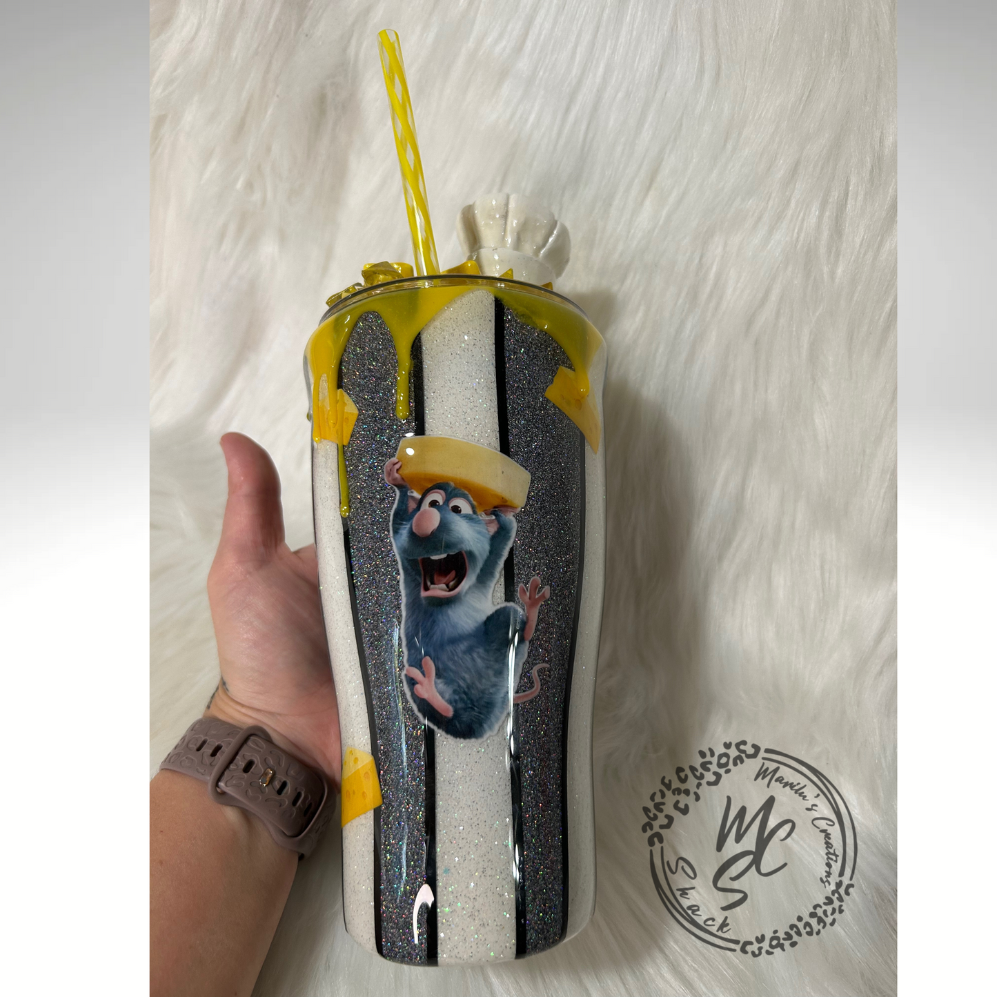Remy Ratatoullie Tumbler with 3D cheese drip and Cheese, Wine and Chef Hat Topper