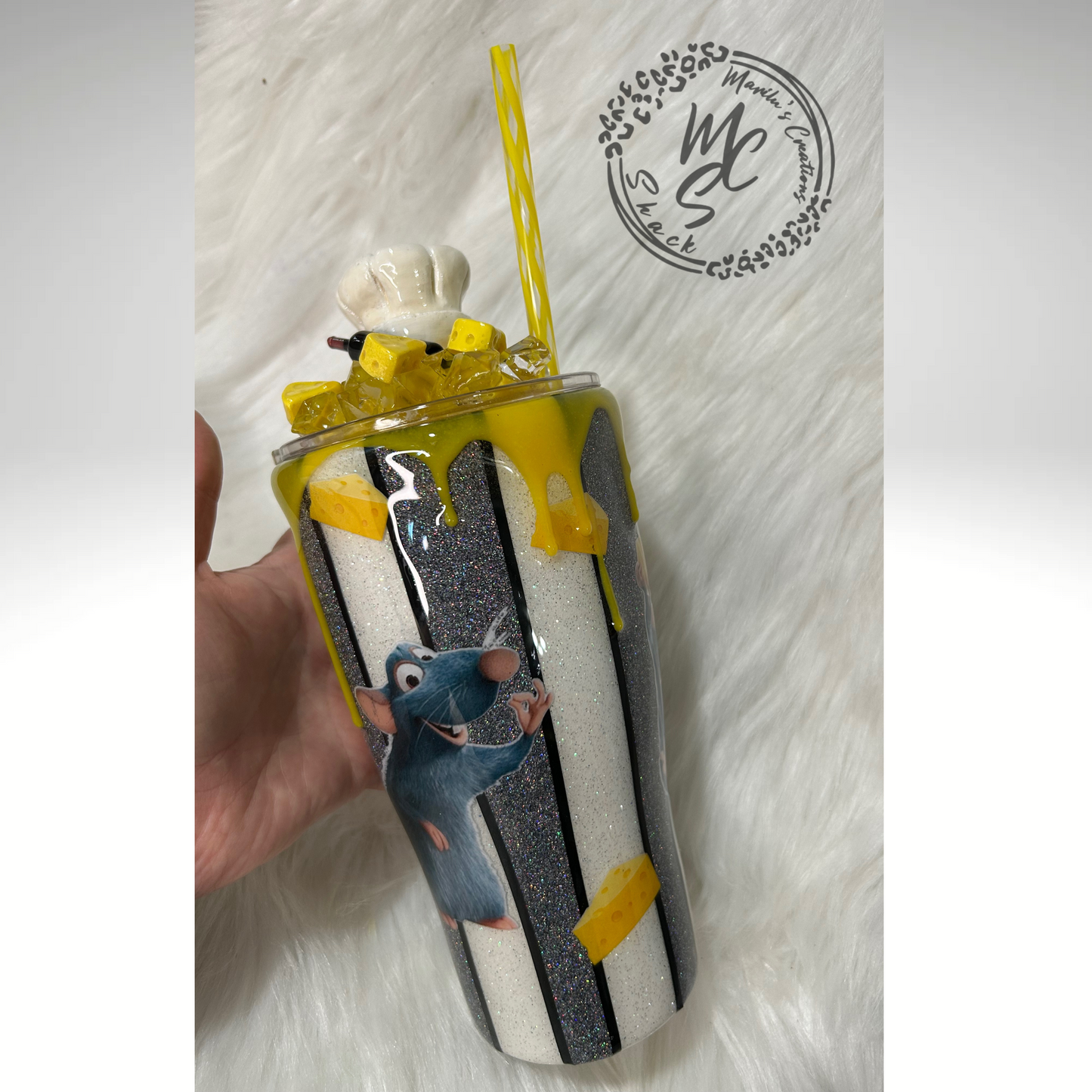 Remy Ratatoullie Tumbler with 3D cheese drip and Cheese, Wine and Chef Hat Topper