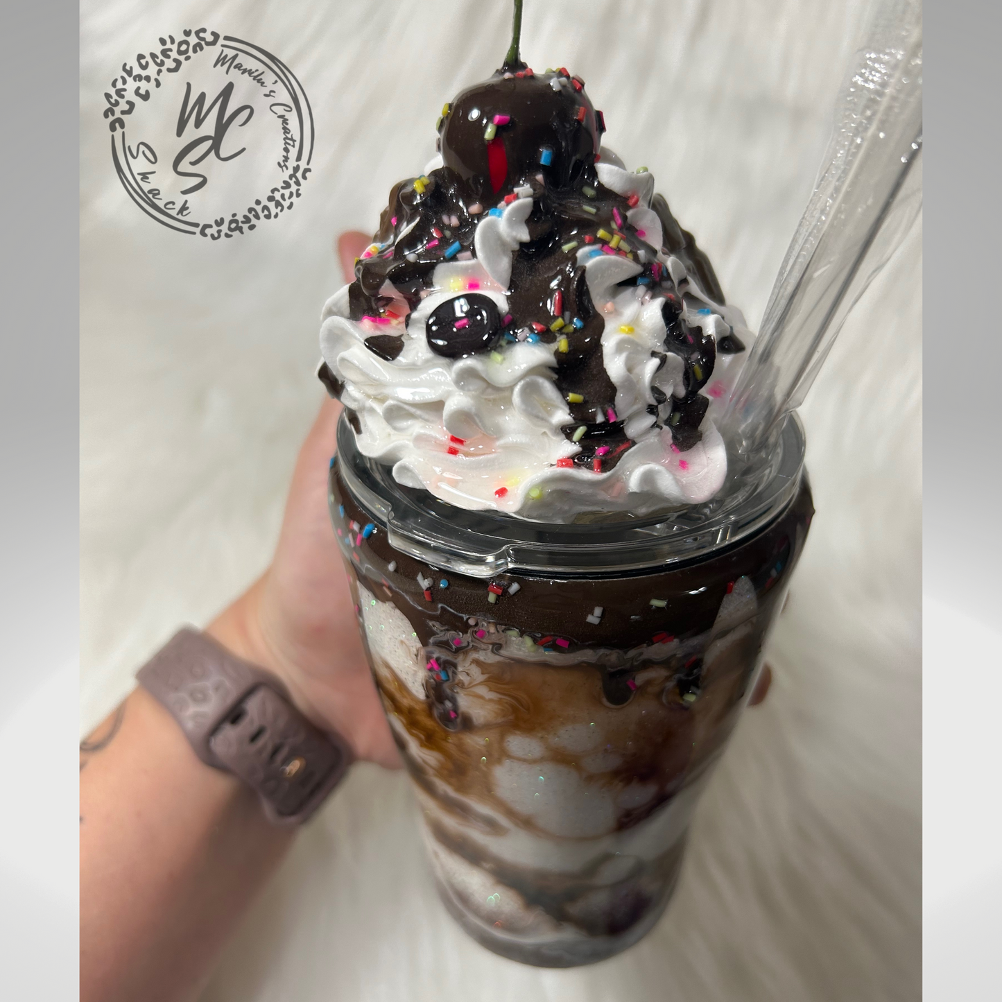 Chocolate Mocha tumbler, custom 3d tumbler with realistic whipped cream removable topper and chocolate drizzle 3d dripping glitter cup.