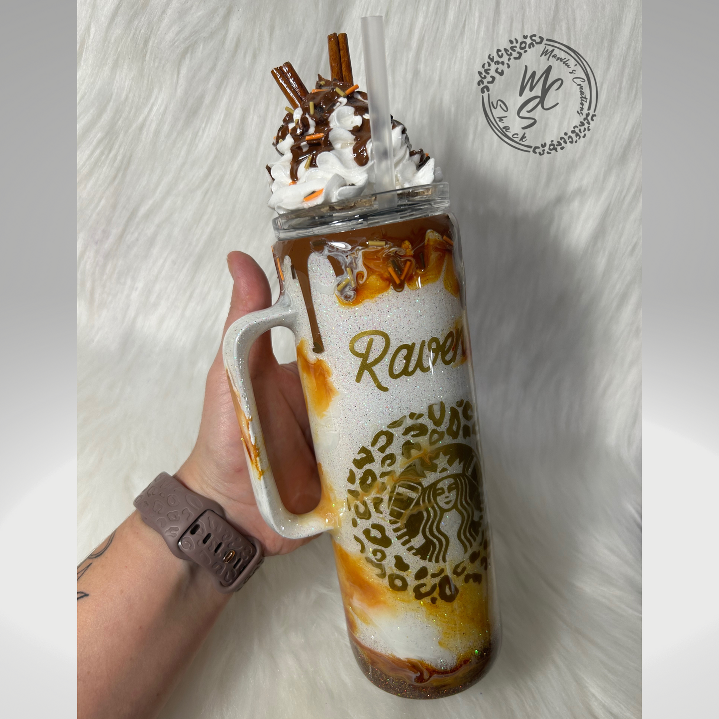 Caramel Mocha tumbler, customized personalized cup with realistic 3D whipped cream removable topper and caramel drizzle and 3d dripping.