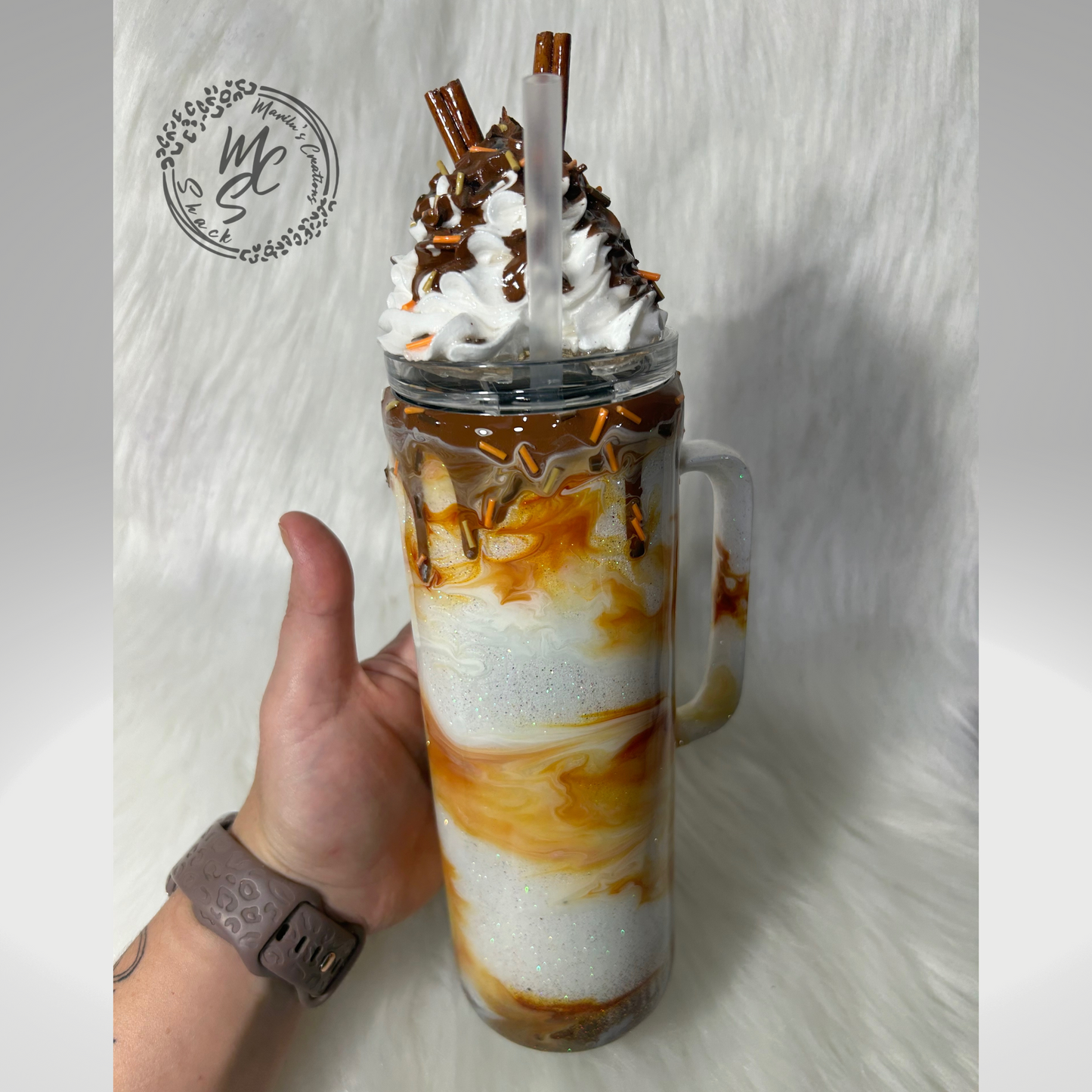 Caramel Mocha tumbler, customized personalized cup with realistic 3D whipped cream removable topper and caramel drizzle and 3d dripping.
