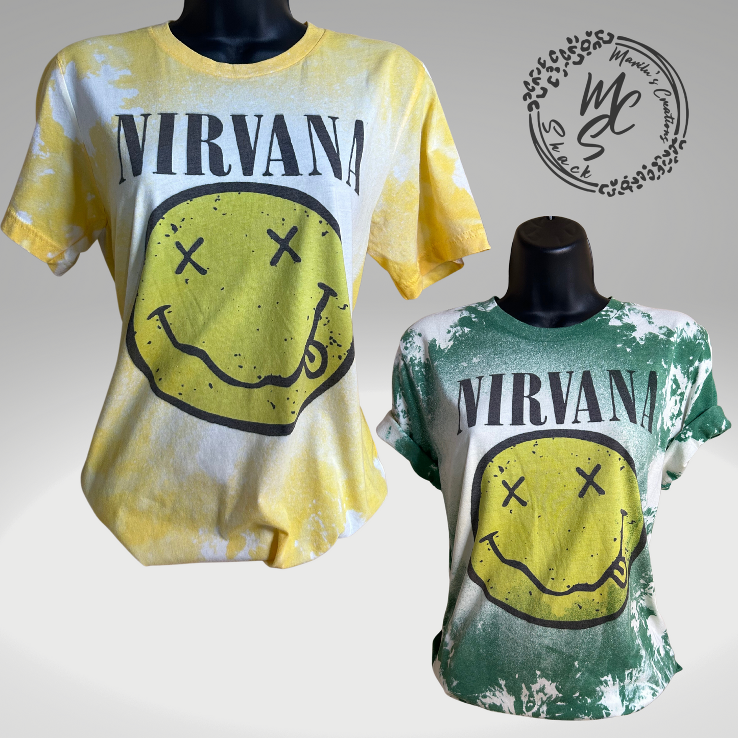 Nirvana bleached distressed tee, yellow or green color top.
