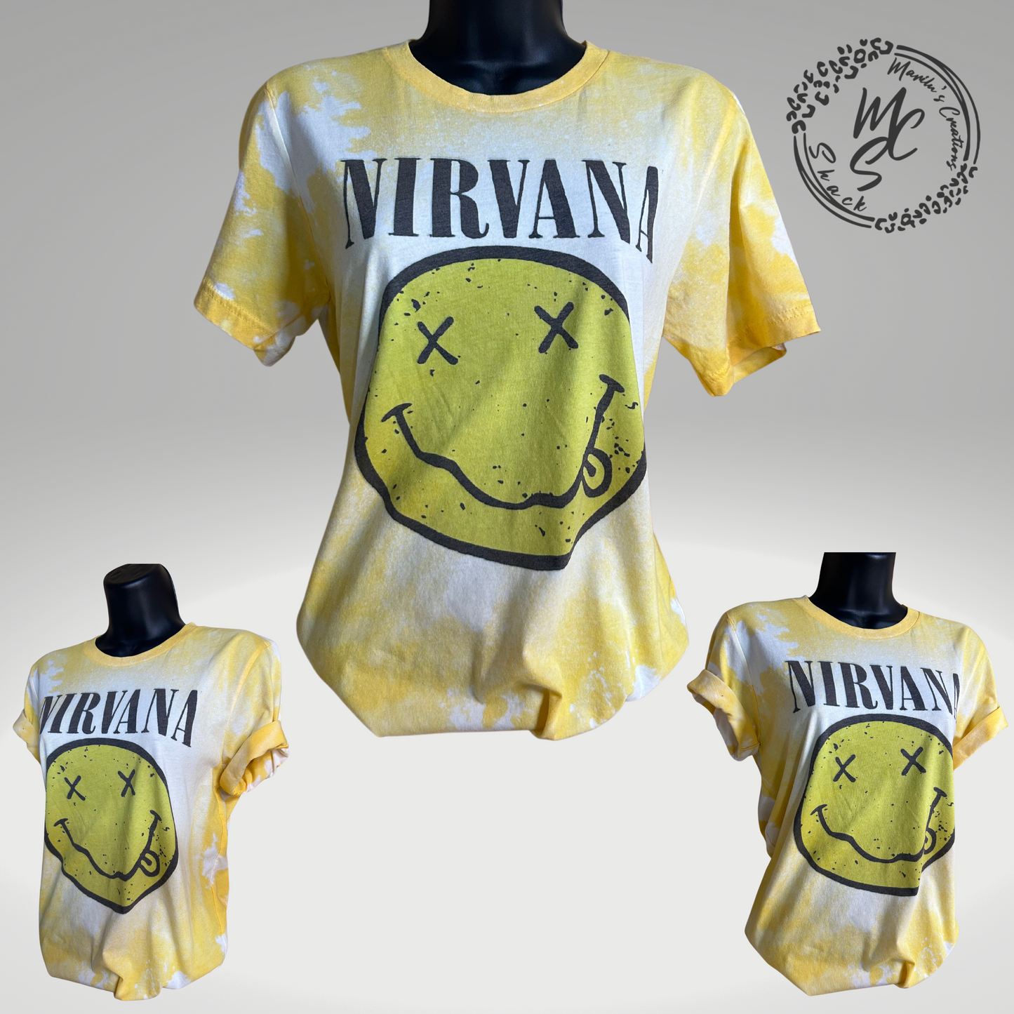 Nirvana bleached distressed tee, yellow or green color top.