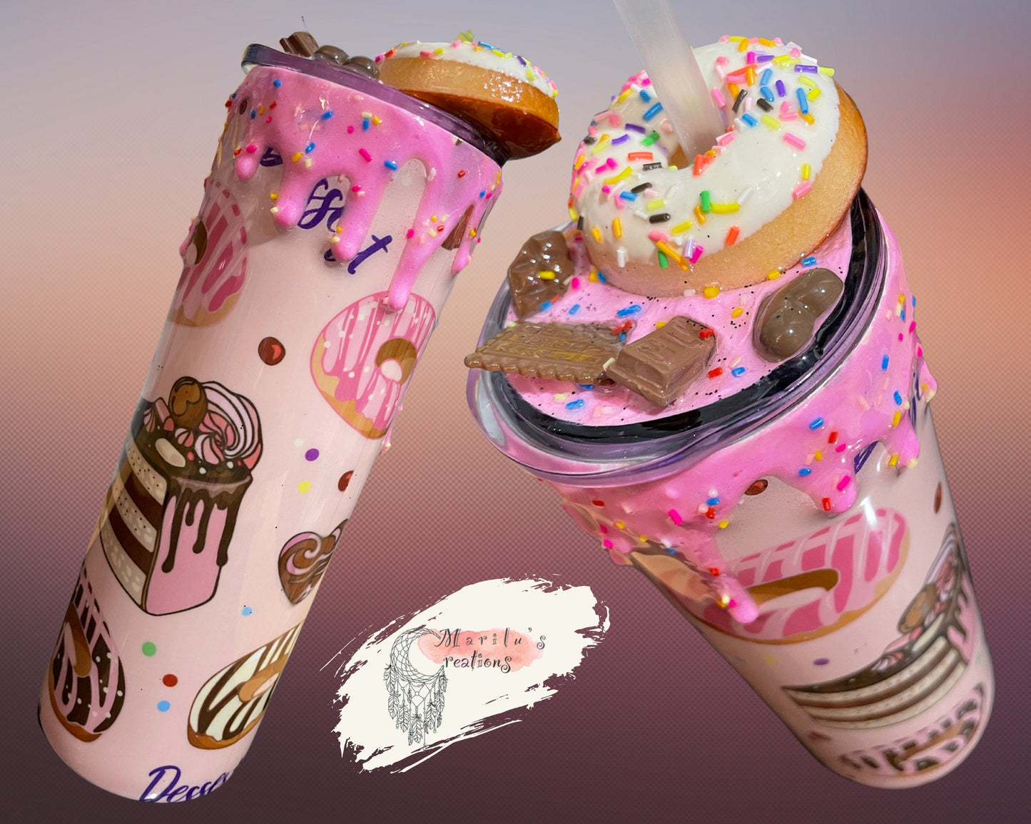 Doughnut Tumbler (20oz with straw) pink donut and pastries design with 3d donut topper not removable topper. Glitter cup