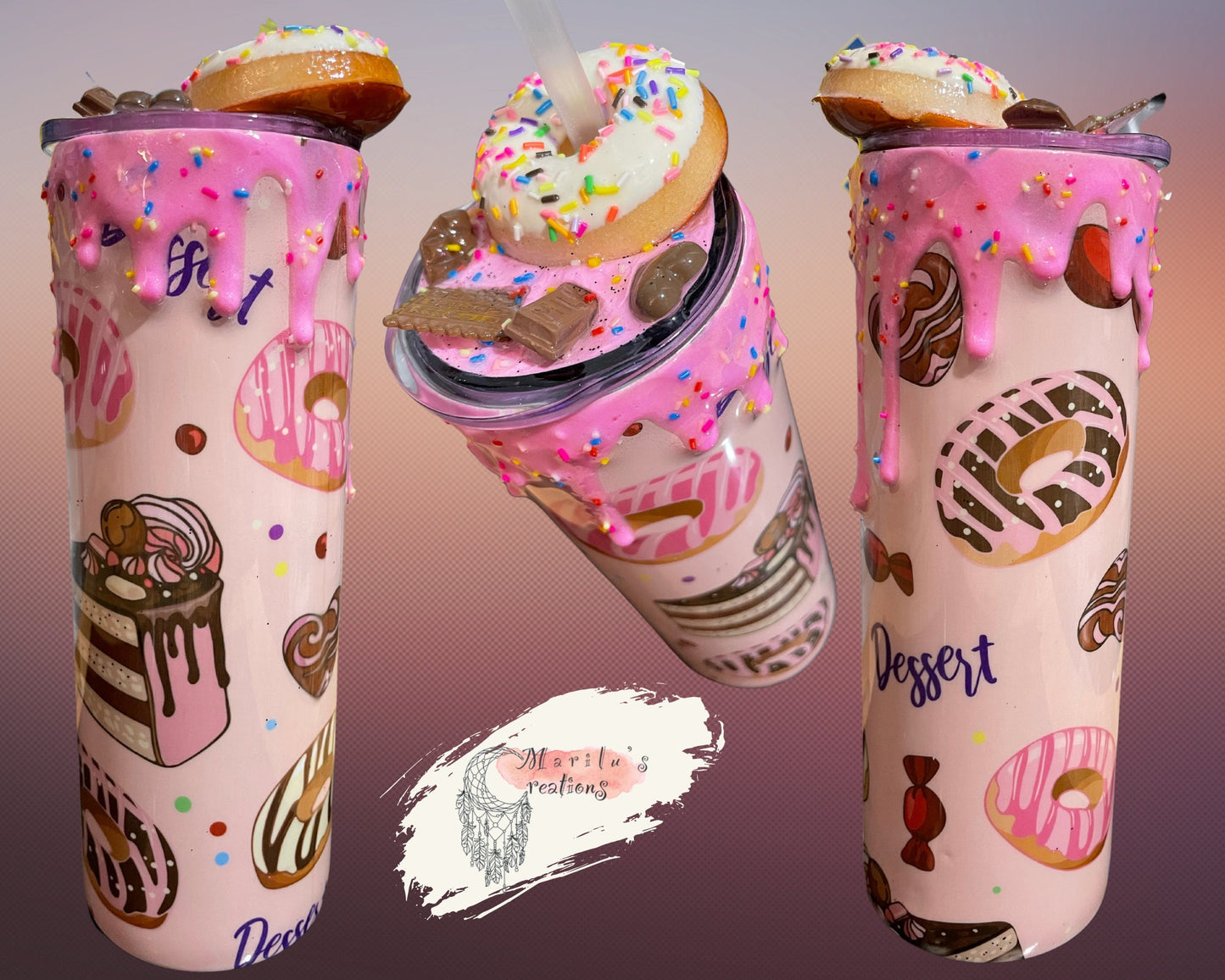 Doughnut Tumbler (20oz with straw) pink donut and pastries design with 3d donut topper not removable topper. Glitter cup