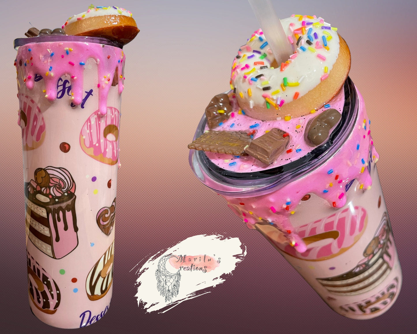 Doughnut Tumbler (20oz with straw) pink donut and pastries design with 3d donut topper not removable topper. Glitter cup
