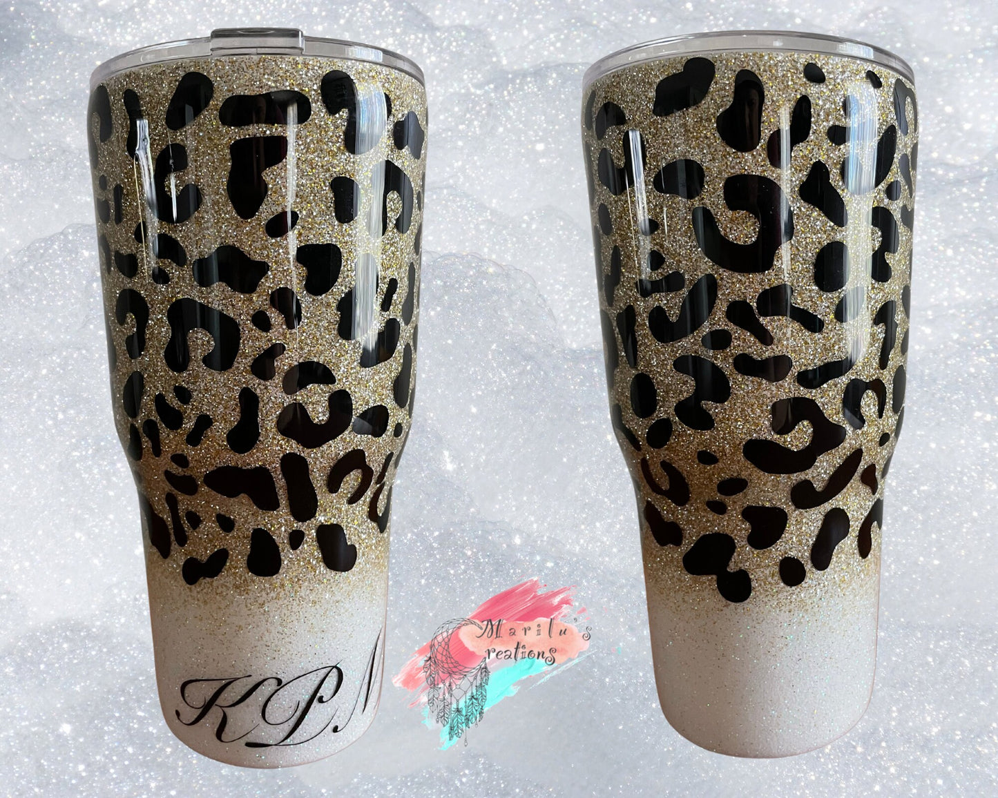 Leopard print tumbler, Sparkly animal print tumbler (with slide lid and straw), ombré glitter with gold and silver mix, several cup sizes