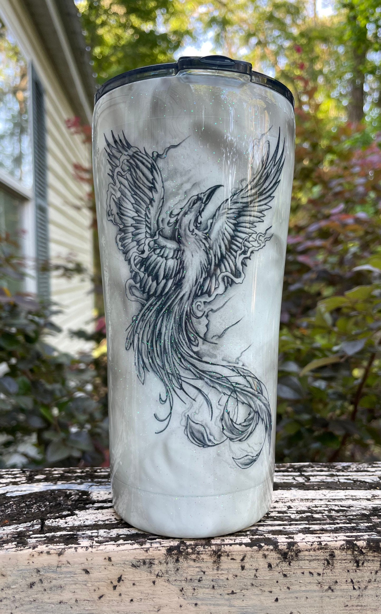Phoenix tumbler, Tattoo Tumbler (Smoke effect with glitter or NO glitter) customizable/personalizable