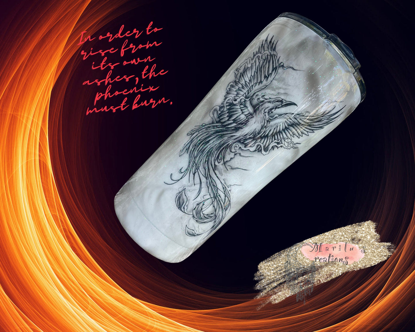 Phoenix tumbler, Tattoo Tumbler (Smoke effect with glitter or NO glitter) customizable/personalizable