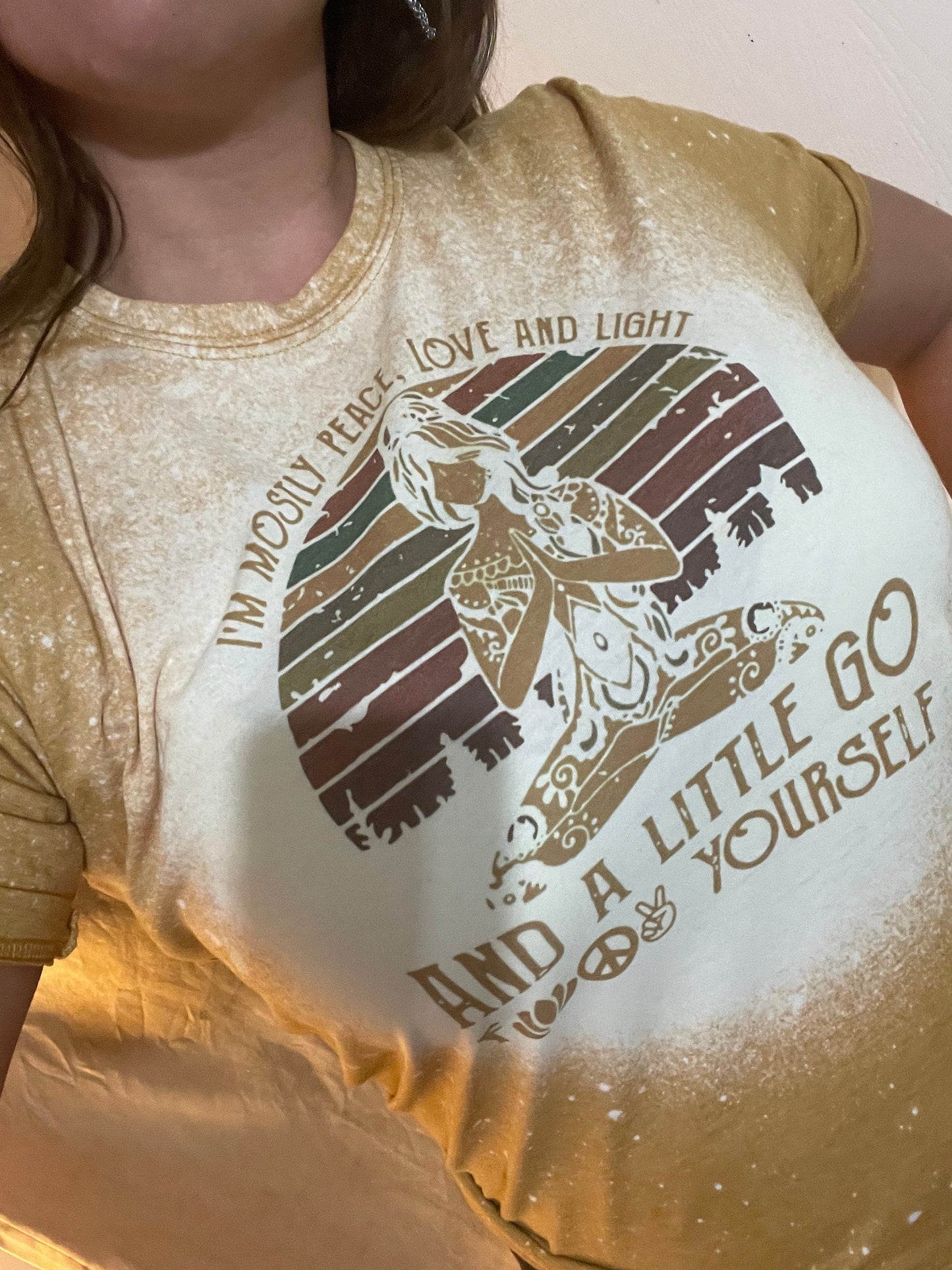 I'm mostly peace love and light and a little go, meditation t-shirt, bleached distressed mustard color super soft tee, vintage retro top