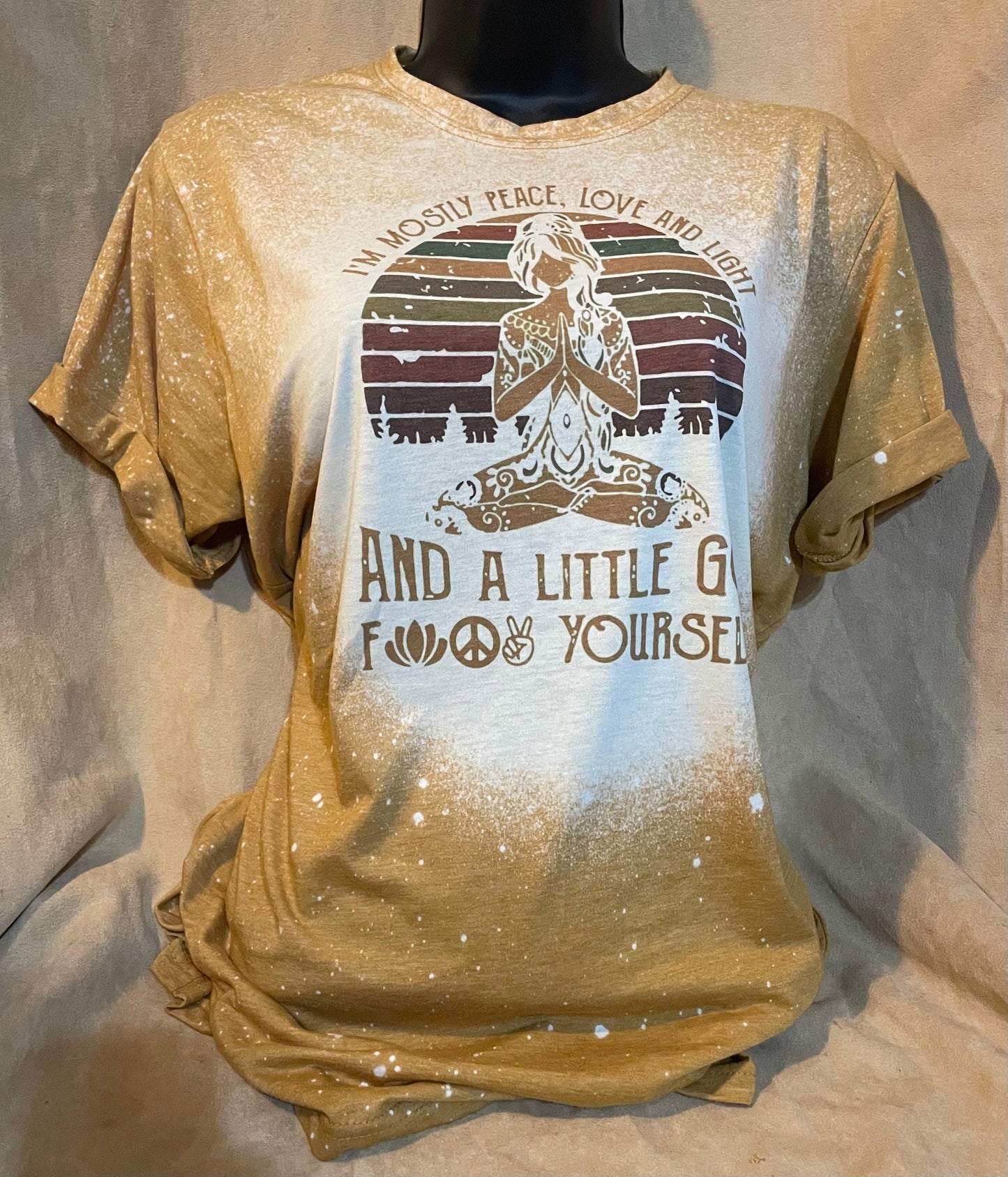 I'm mostly peace love and light and a little go, meditation t-shirt, bleached distressed mustard color super soft tee, vintage retro top