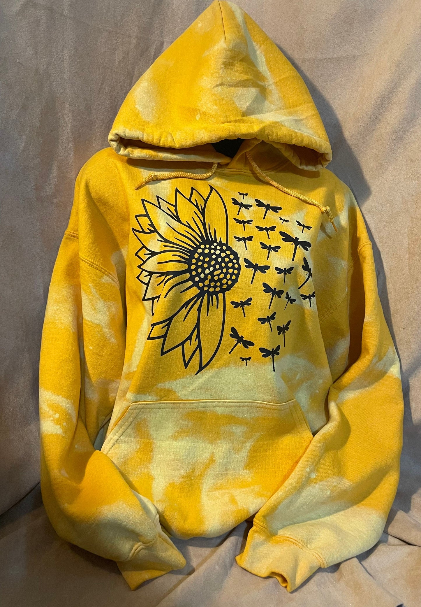 Sunflower and Dragonflies hoodie, bleached distressed sweater, sunflower graphic top, yellow or old gold vintage trending pullover.