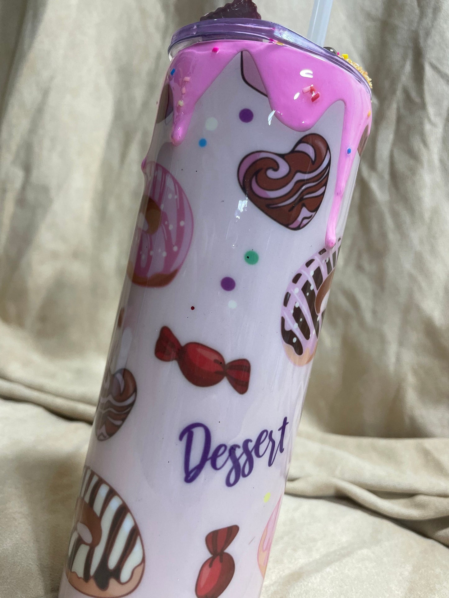 Doughnut Tumbler (20oz with straw) pink donut and pastries design with 3d donut topper not removable topper. Glitter cup