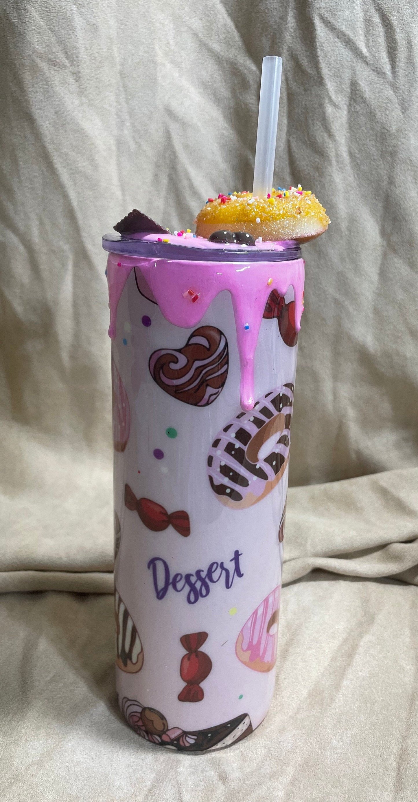 Doughnut Tumbler (20oz with straw) pink donut and pastries design with 3d donut topper not removable topper. Glitter cup