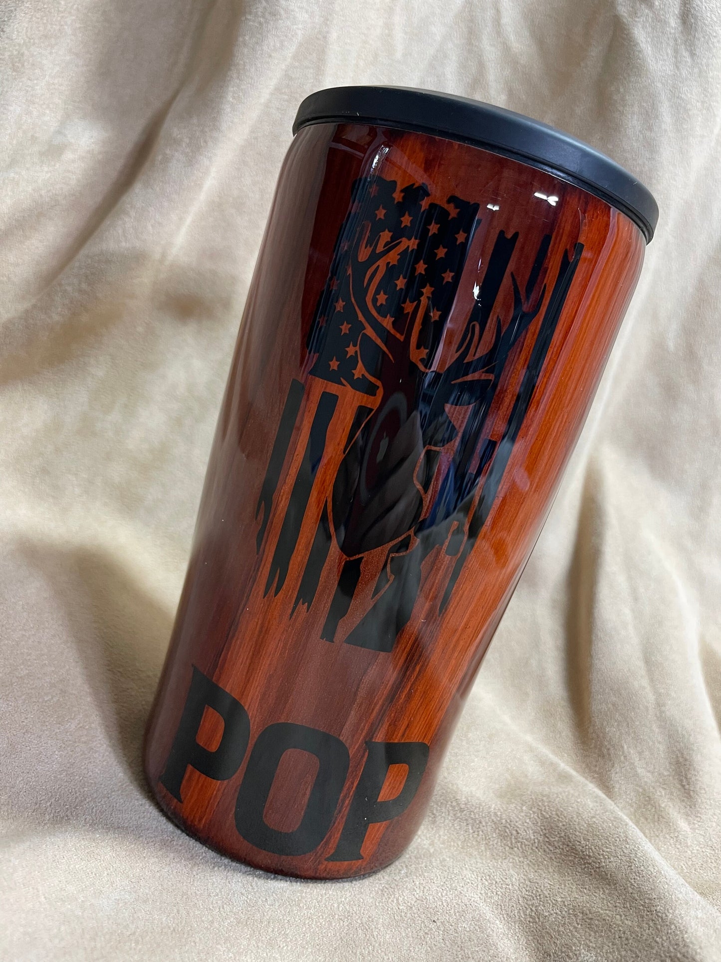 4 in 1 Can (skinny and regular)/bottle Koozie and is also a 14oz tumbler, Wood Grain Style with Deer and Distressed American Flag design