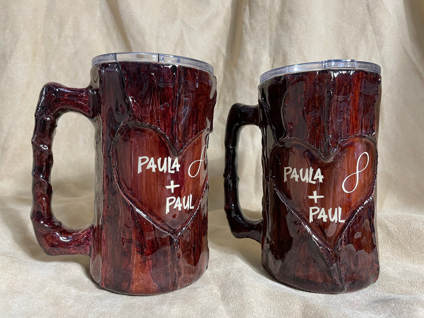 Handmade Wood Look Tumbler: 20oz Log Mug with Carved Heart