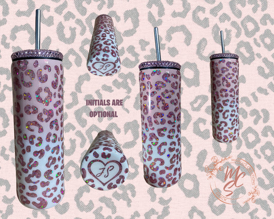 Leopard Print Tumbler, Pink Hombre Peekaboo Tumbler with your initials and heart on bottom, animal print cup, several sizes and shapes cups.