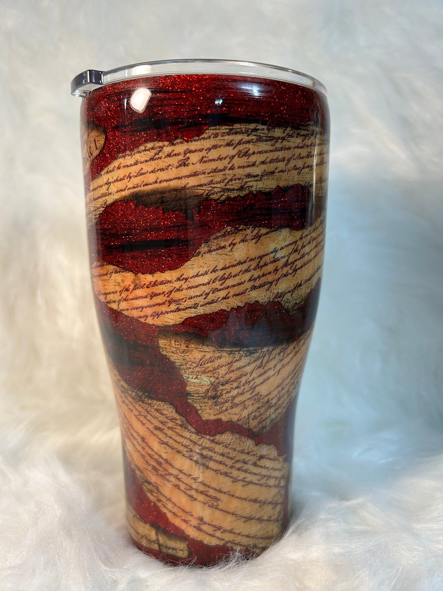Patriotic handmade tumbler, We the people constitution with red glitter background, Flag cup, 4th of July tumbler.