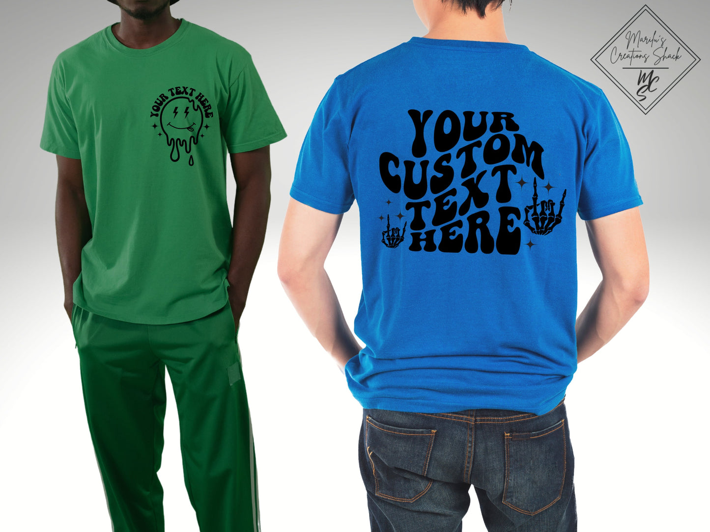 Wavy Text T-Shirts customized with your text (Front and Back), more colors to choose from tees, super soft shirts.