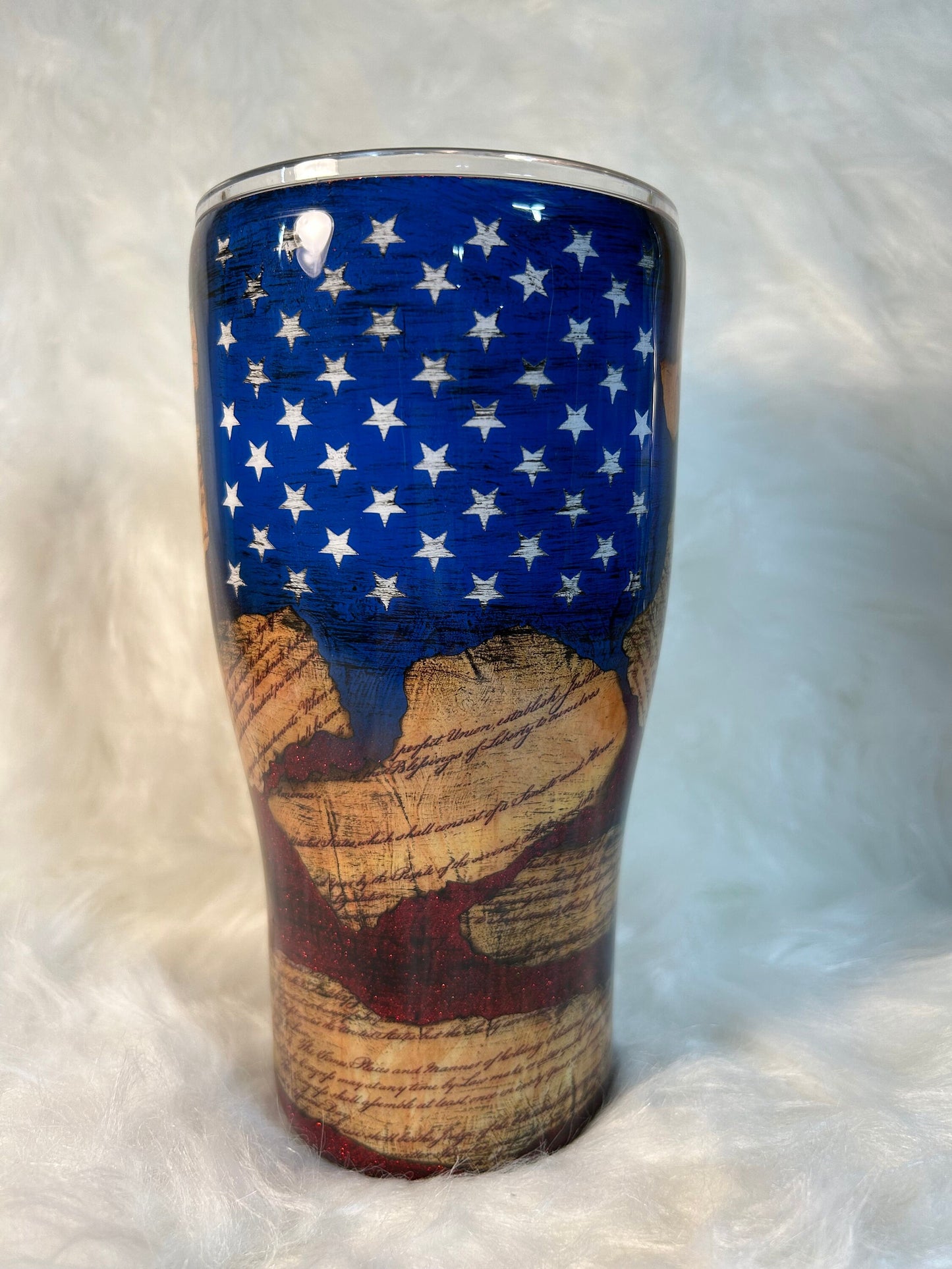 Patriotic handmade tumbler, We the people constitution with red glitter background, Flag cup, 4th of July tumbler.