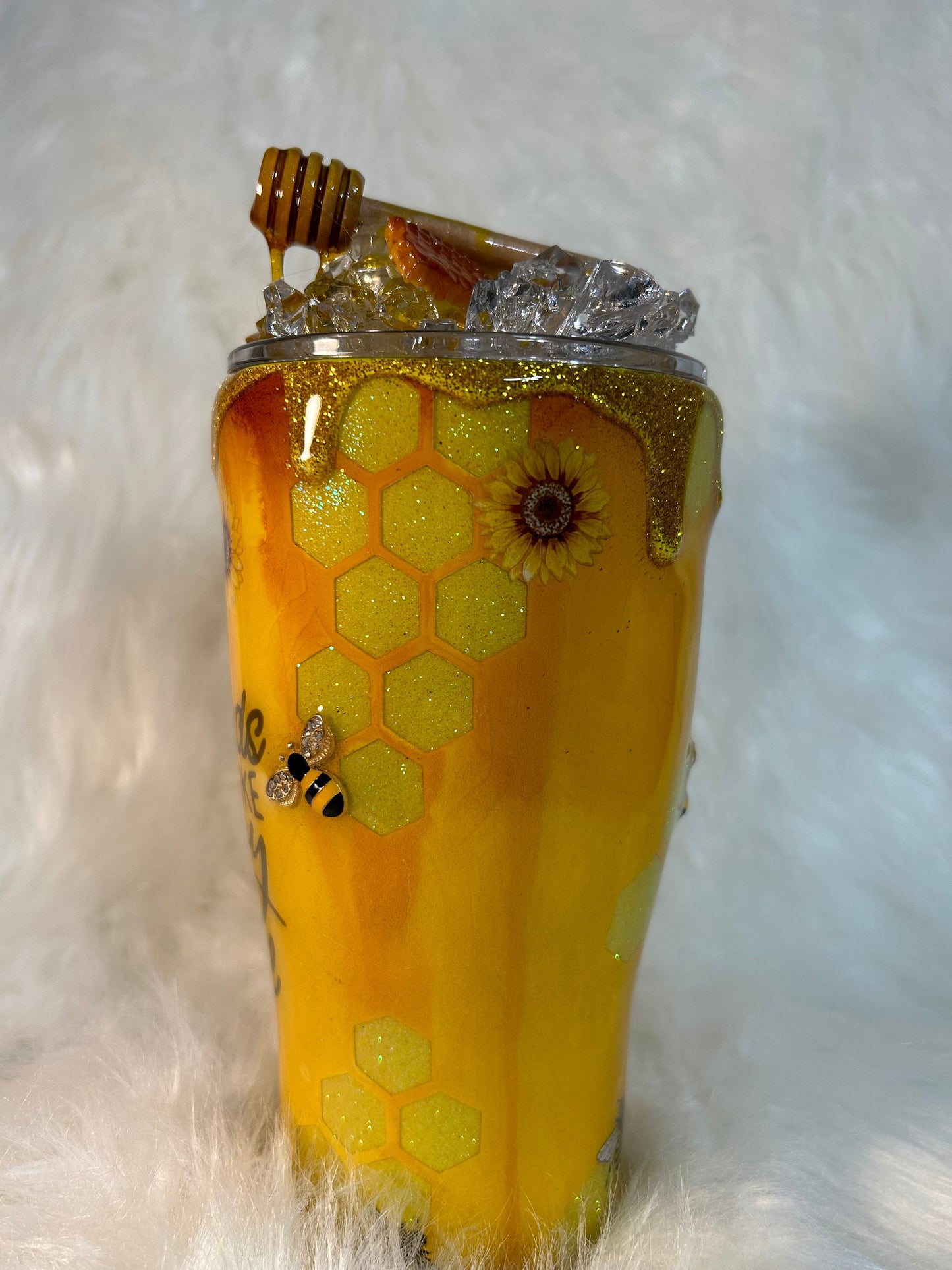 Bee Tumbler, honey bee and sunflowers 3D Tumbler with removable 3d Topper, 3d bees and honey dripping peekaboo glitter tumbler, gift for her
