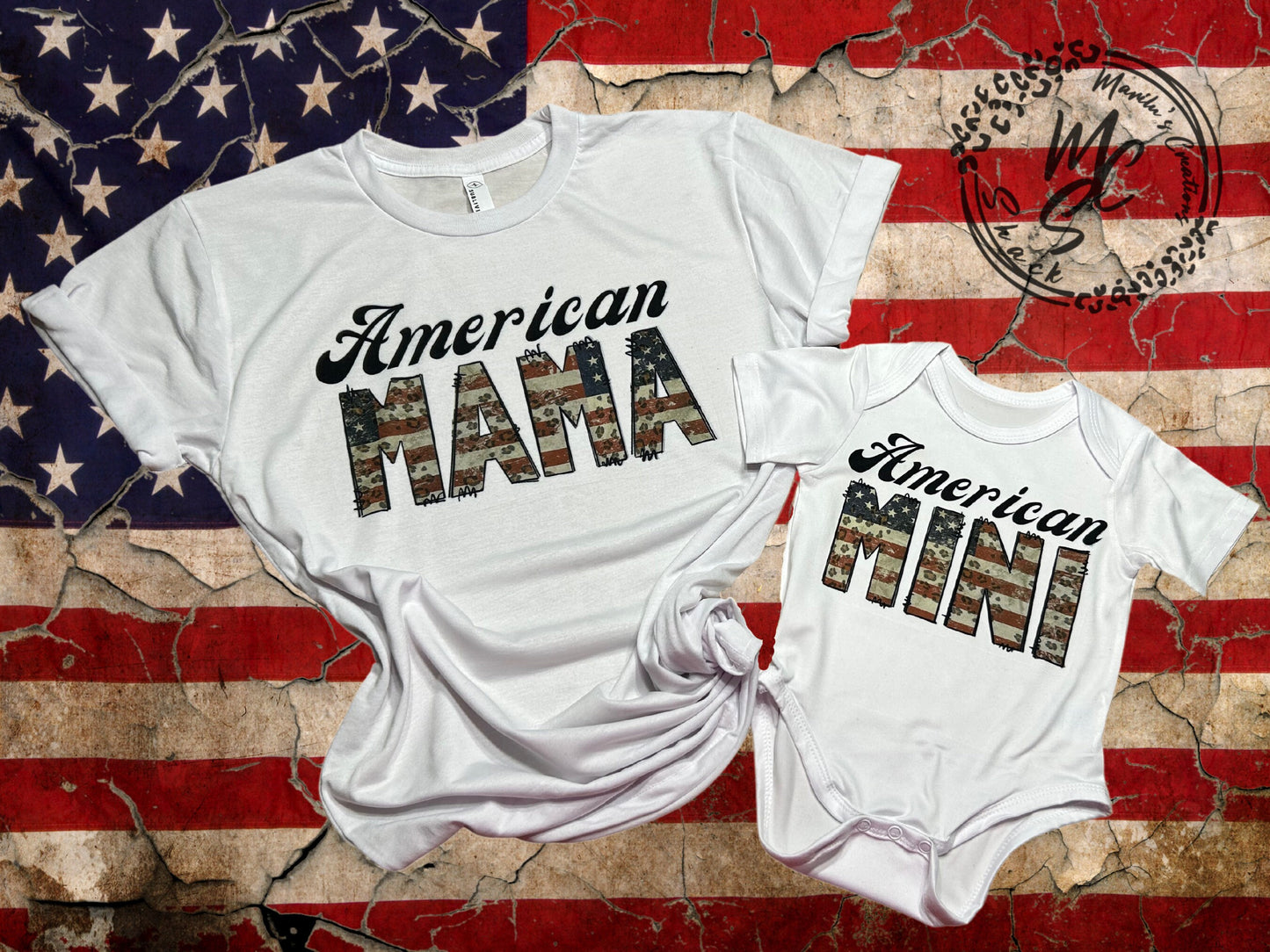 Mommy and me shirts, American Mama, American Mini matching adult t-shirt, youth tee, toddler and baby suit, white super soft very comfy.