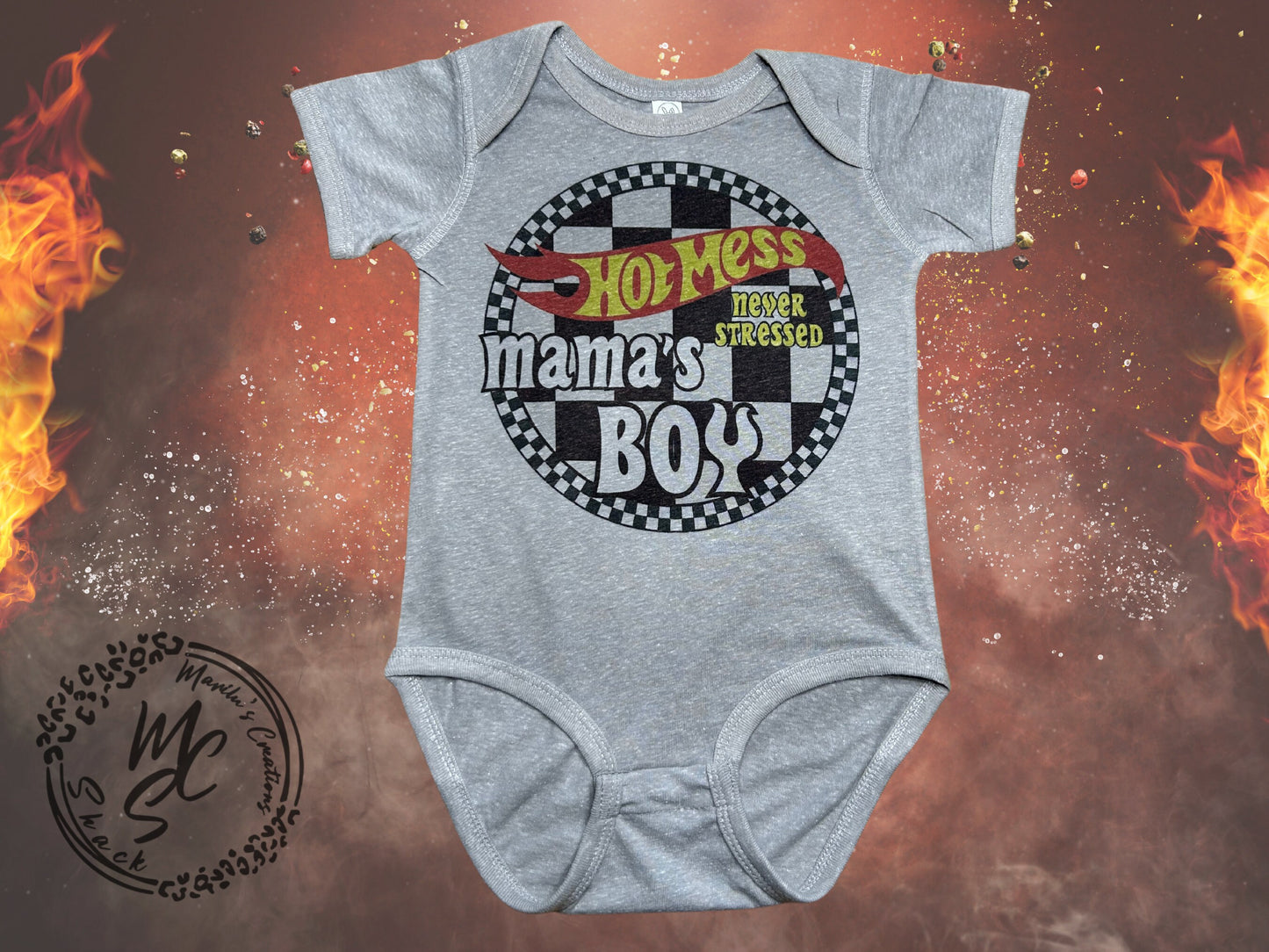 Hot Mess a little stressed Boy Mama, Hot Mess never stressed Mama’s Boy matching t-shirt and onesie, hot wheels mommy and me matching set.