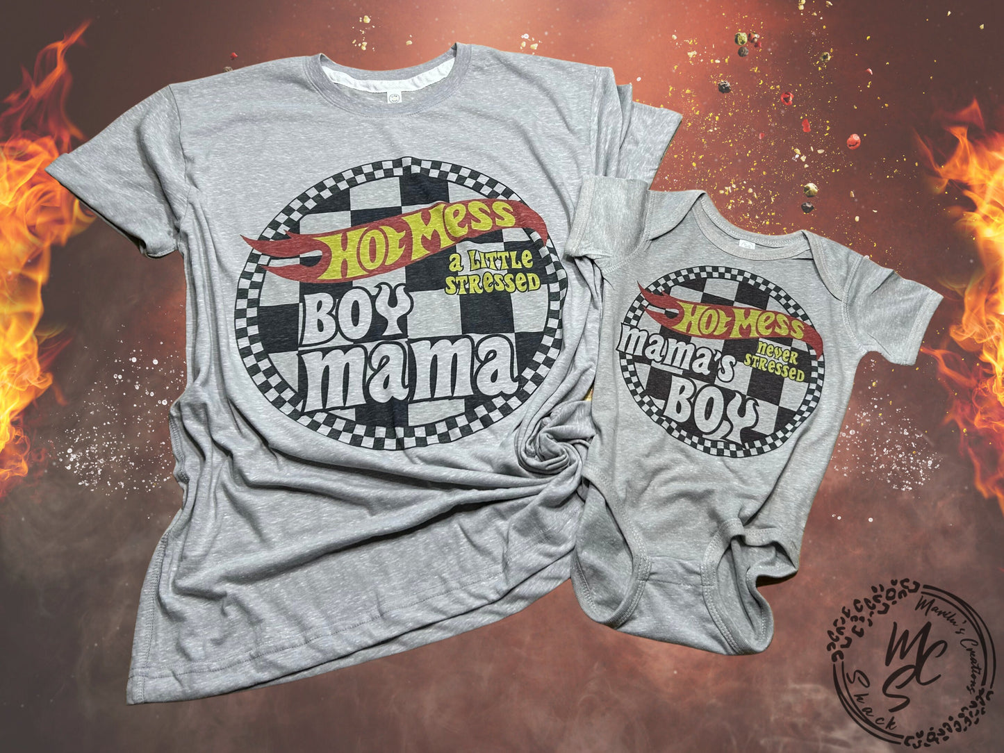 Hot Mess a little stressed Boy Mama, Hot Mess never stressed Mama’s Boy matching t-shirt and onesie, hot wheels mommy and me matching set.