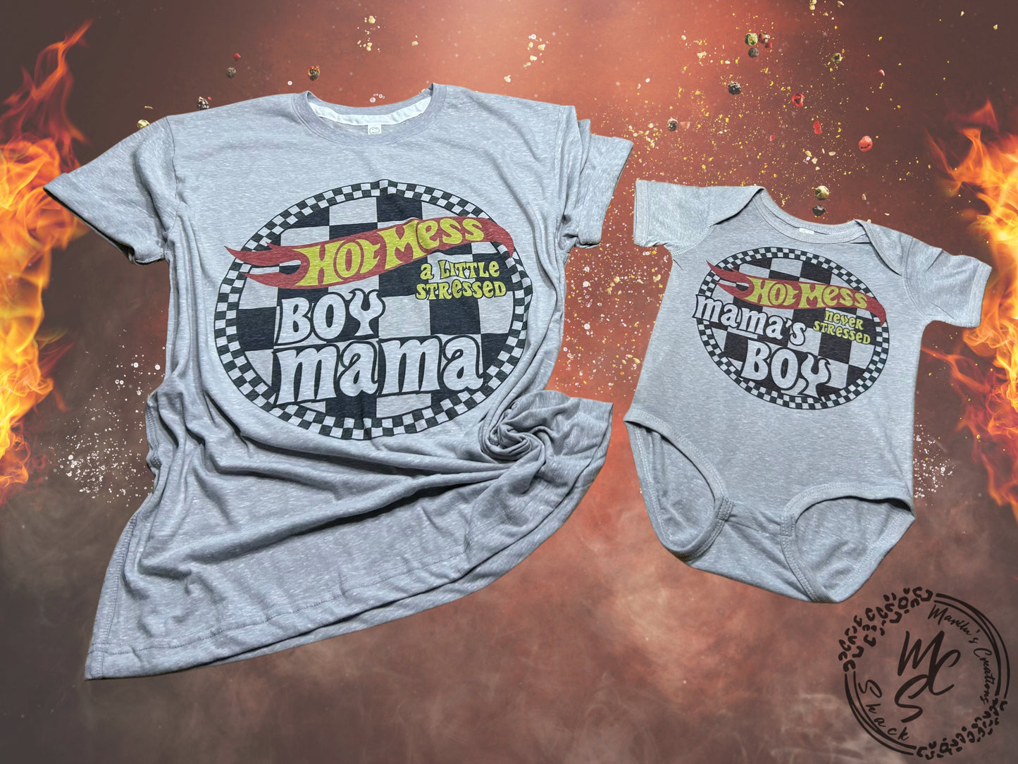 Hot Mess a little stressed Boy Mama, Hot Mess never stressed Mama’s Boy matching t-shirt and onesie, hot wheels mommy and me matching set.