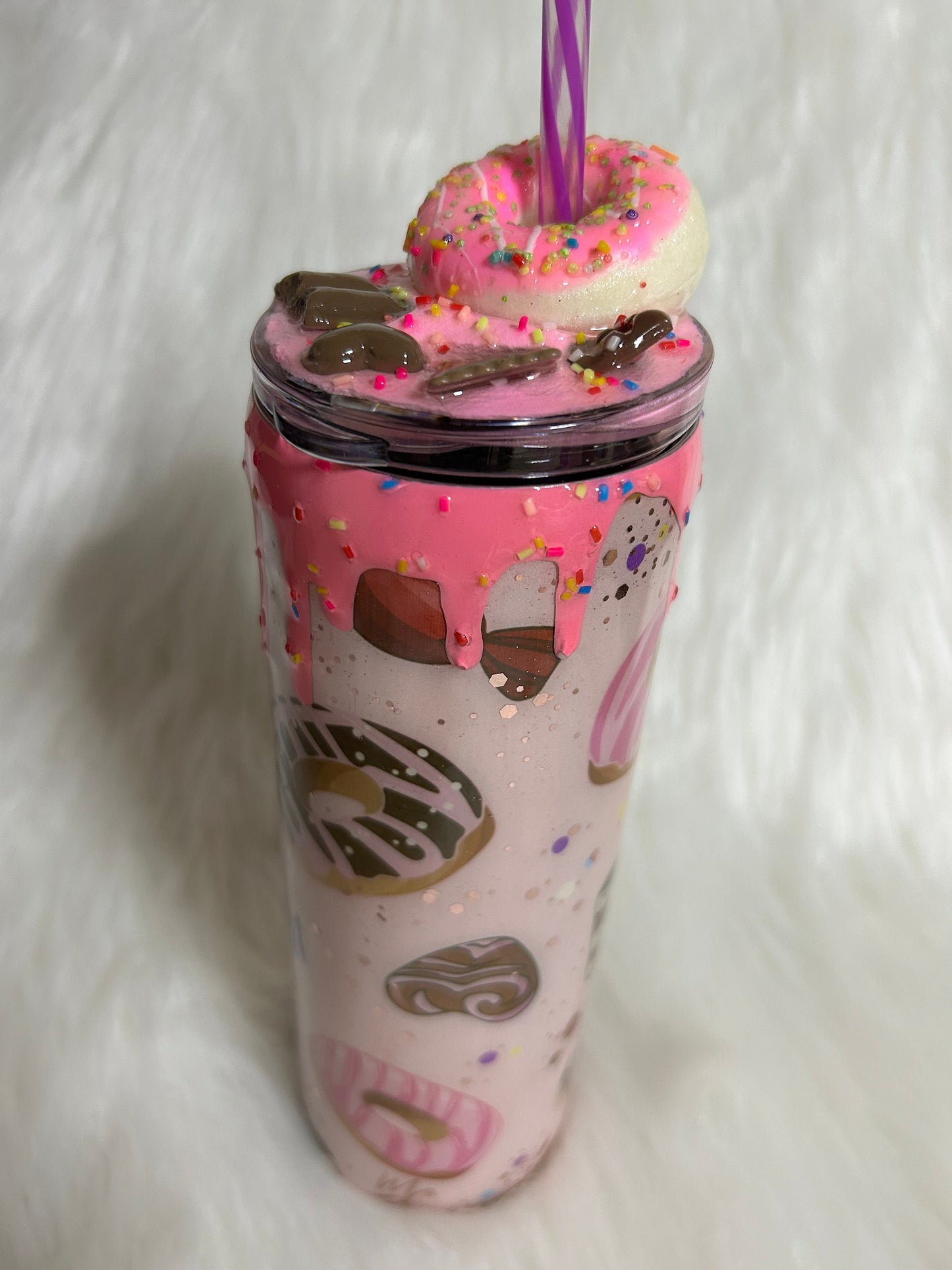 Doughnut Tumbler (20oz with straw) pink donut and pastries design with 3d donut topper not removable topper. Glitter cup
