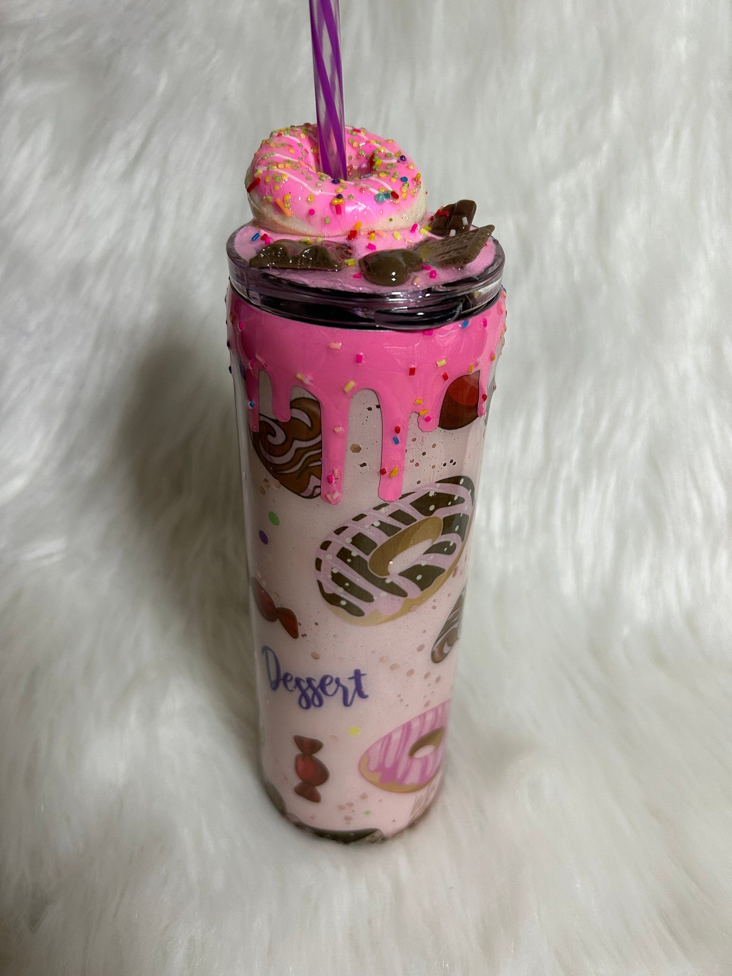 Doughnut Tumbler (20oz with straw) pink donut and pastries design with 3d donut topper not removable topper. Glitter cup