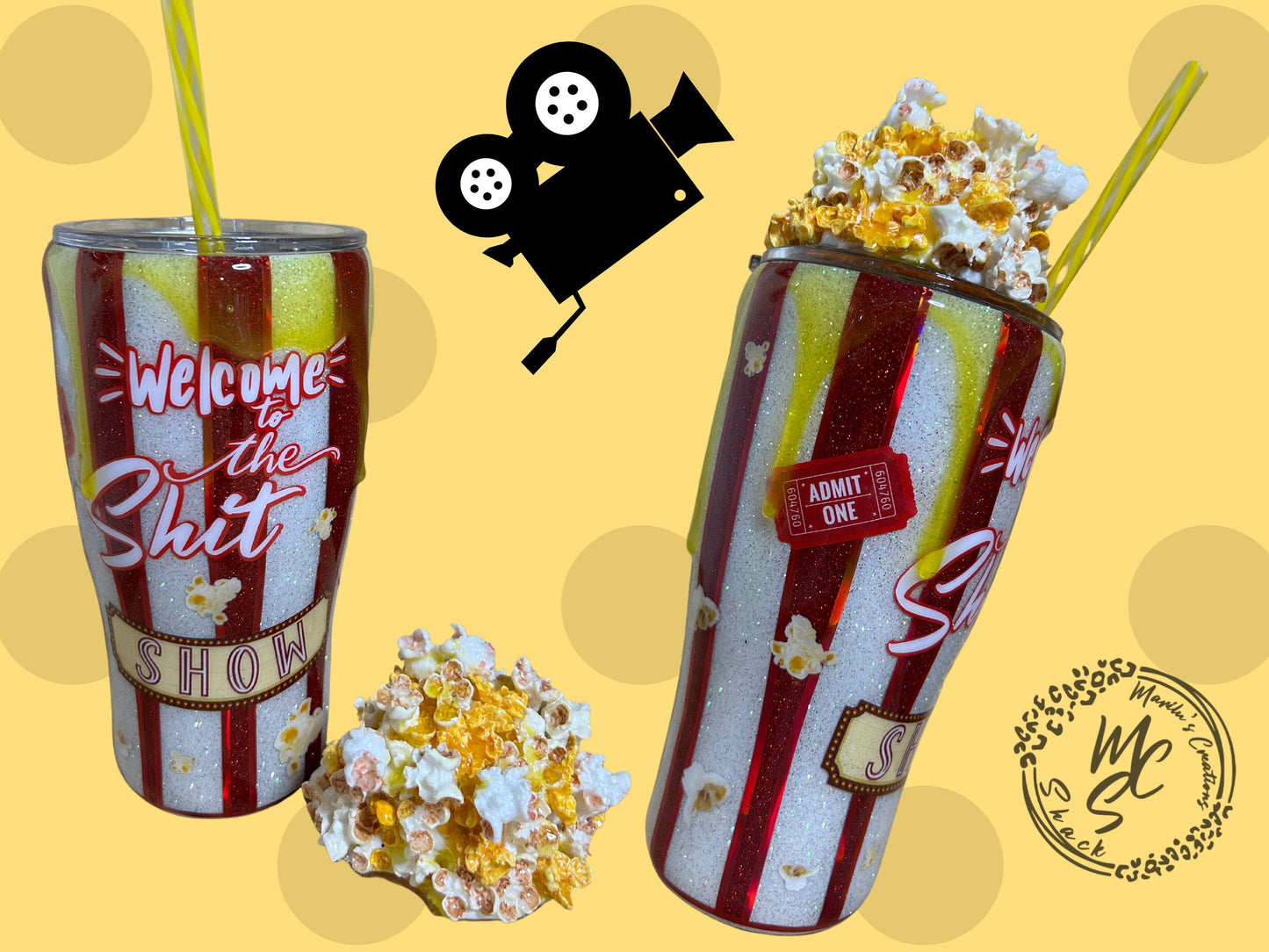 Popcorn Tumbler with 3D removable topper with realistic kernels and 3d butter dripping, welcome to the sh*t show cup, red and white glitter