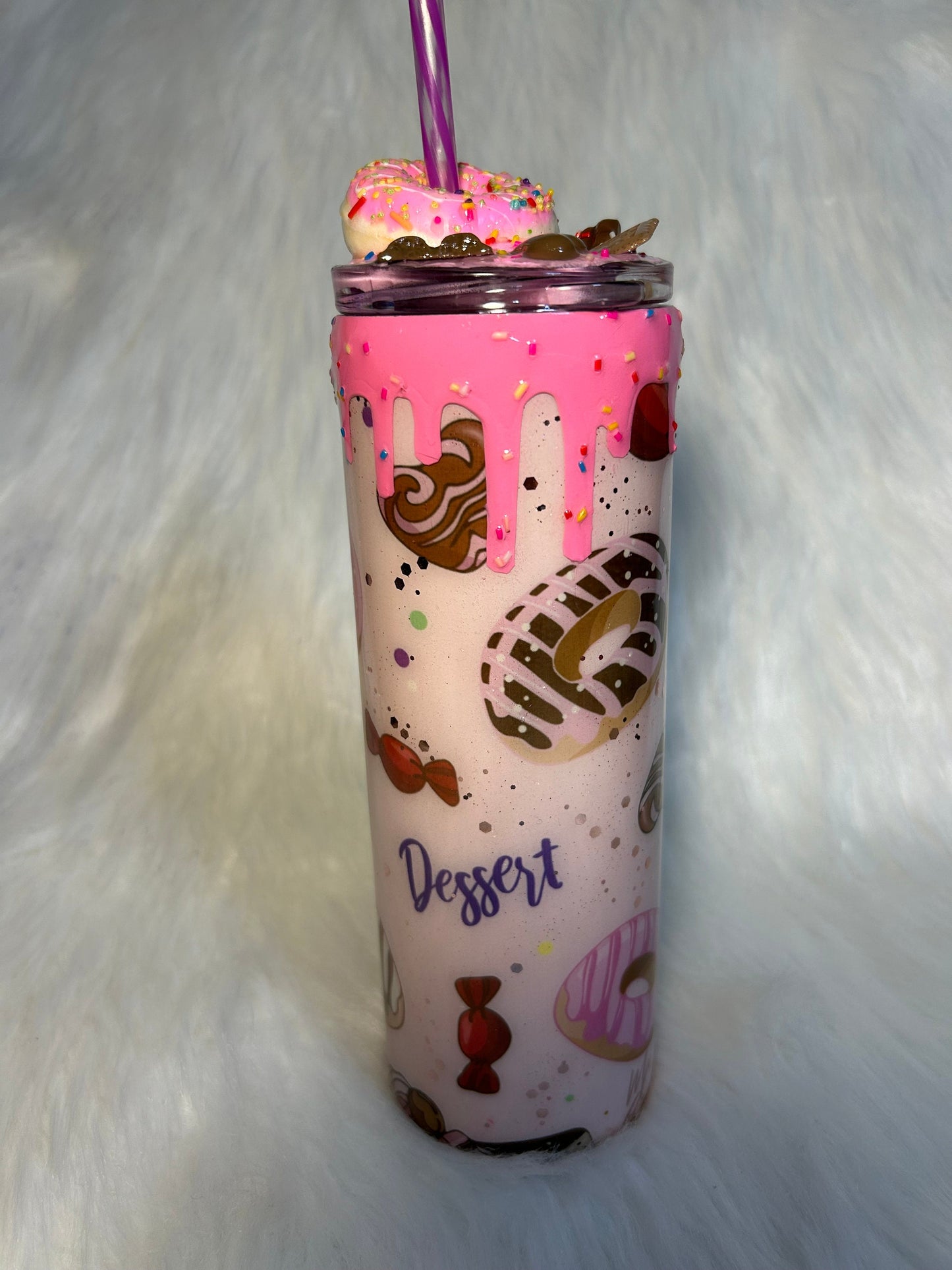 Doughnut Tumbler (20oz with straw) pink donut and pastries design with 3d donut topper not removable topper. Glitter cup
