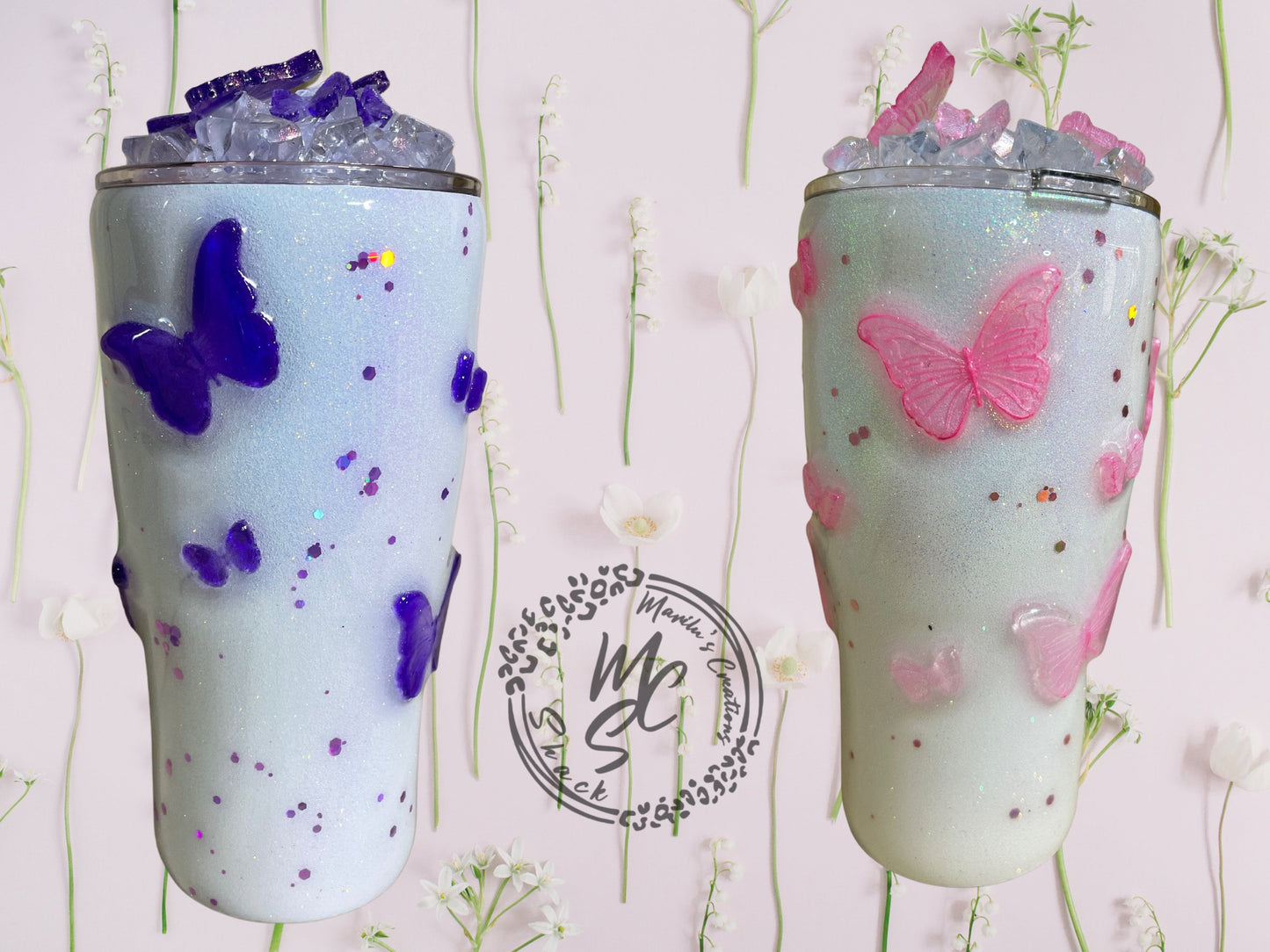 Butterflies Tumbler with 3D butterflies and 3D removable butterflies lid topper (Choose your butterflies colors in personalization)