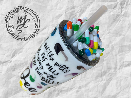 Pills custom tumbler, 3D fake pills removable topper, personalized with any text you want.