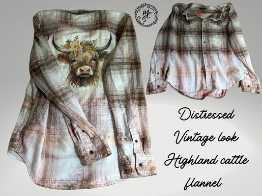Distressed Highland Cattle Flannel Shirt: Bleached Tan Plaid Cow Top