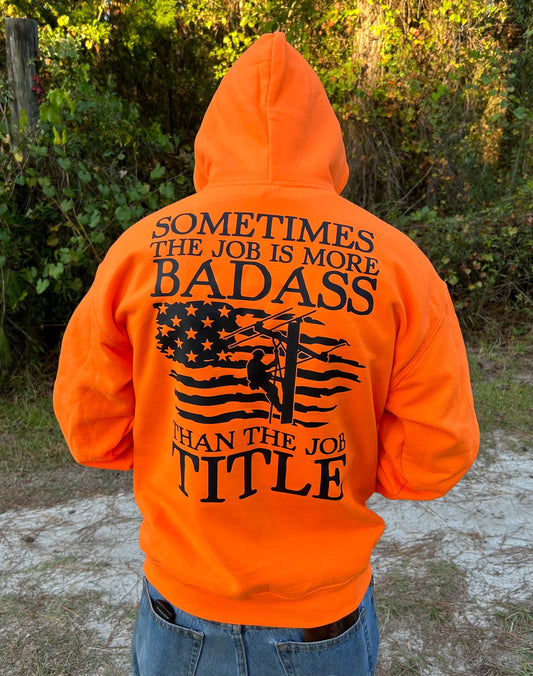Lineman Hoodie, pullover hooded sweater, in safety (bright) orange or safety (bright) yellow. Lineman clothing, proud journeyman lineman