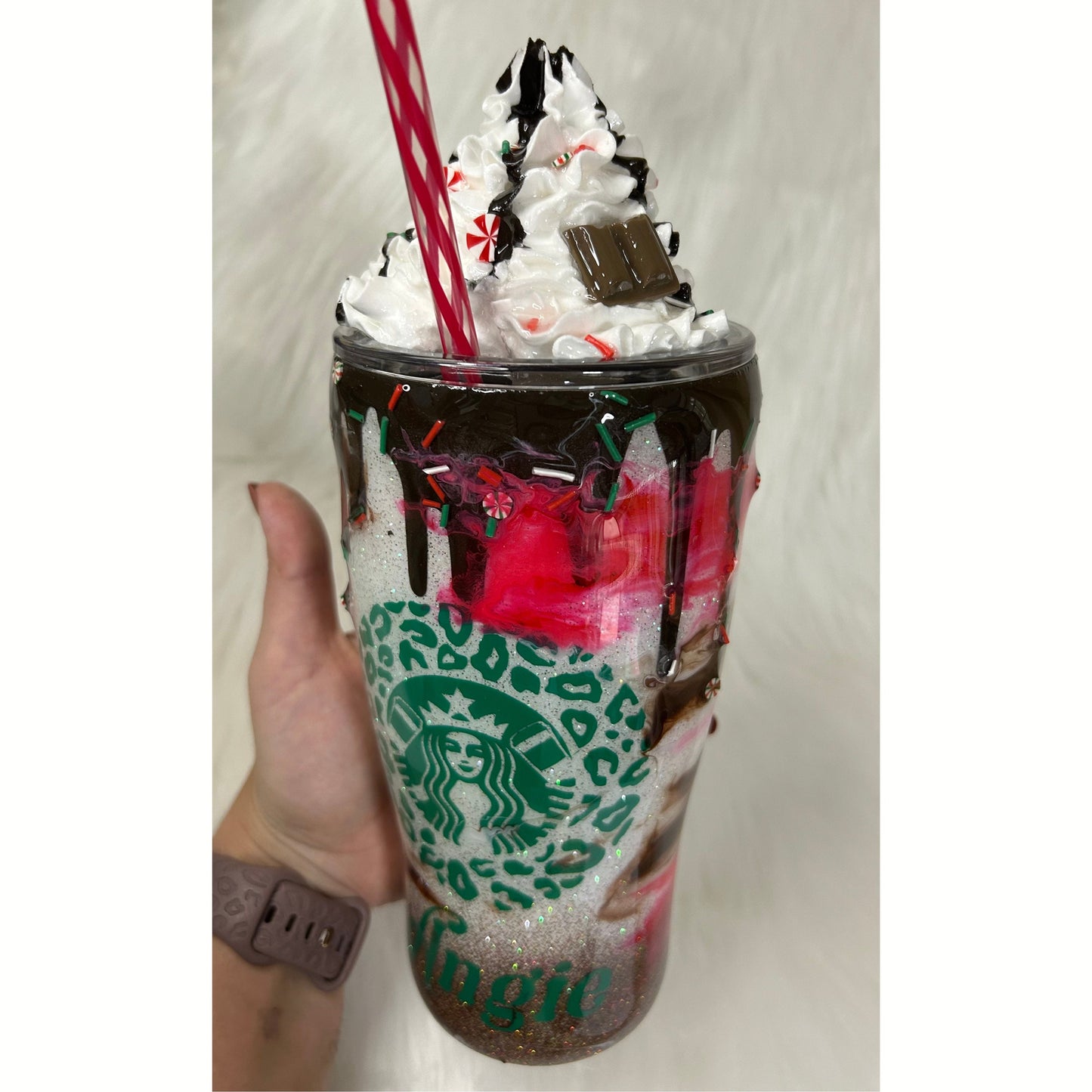 Candy Cane Mocha with 3D removable topper tumbler and 3D chocolate dripping, Glitter Cup, Whipped Cream topper, red, green, white, glitter.
