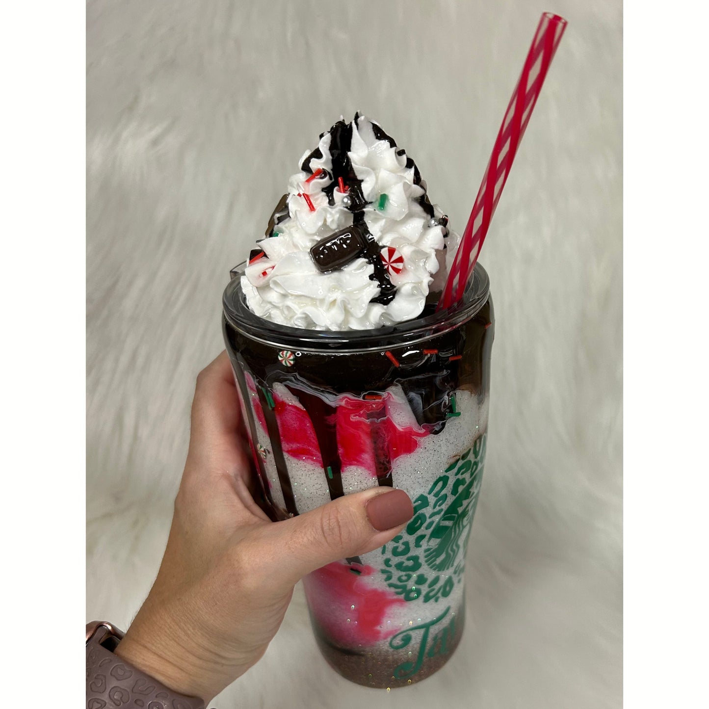 Candy Cane Mocha with 3D removable topper tumbler and 3D chocolate dripping, Glitter Cup, Whipped Cream topper, red, green, white, glitter.