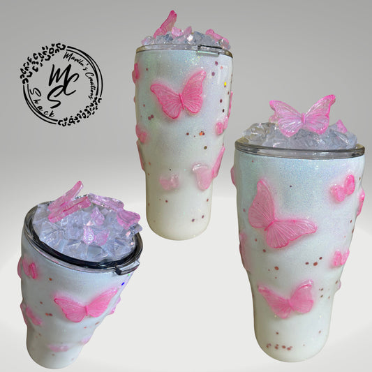 Pink Butterflies Tumbler with 3D butterflies and 3D removable butterflies lid topper, Baby pink, pink tumbler, glitter pink and white cup.