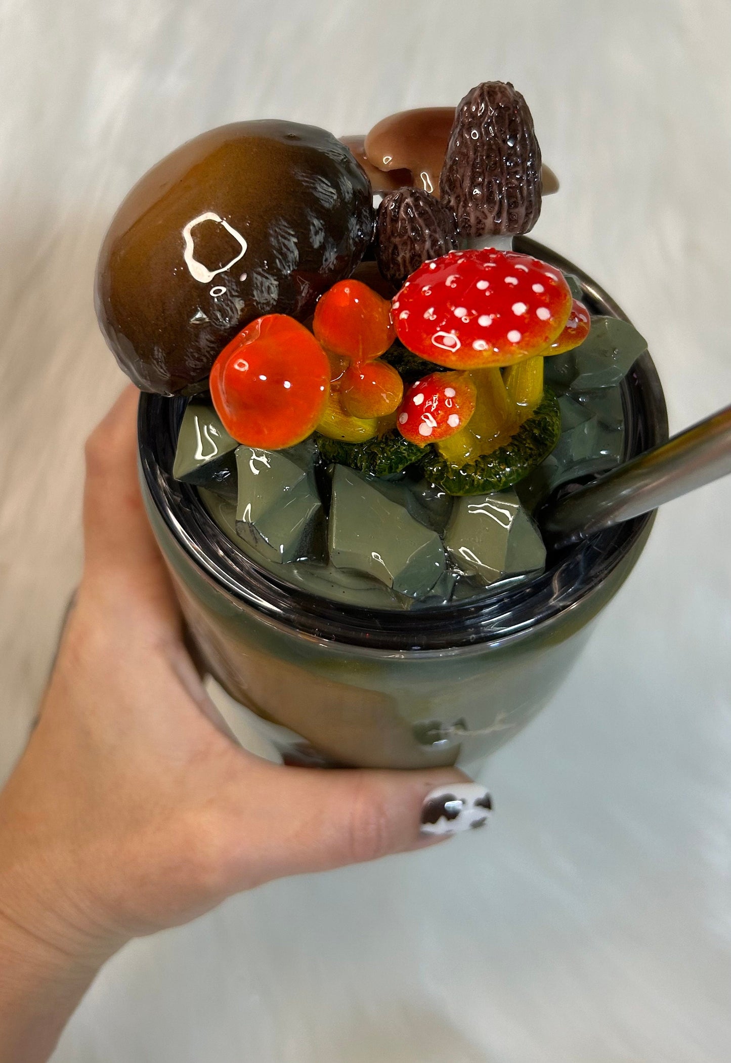 Mushrooms Tumbler with 3D topper tumbler Nature Tumbler, faux mushrooms removable topper, 3d mushrooms cup