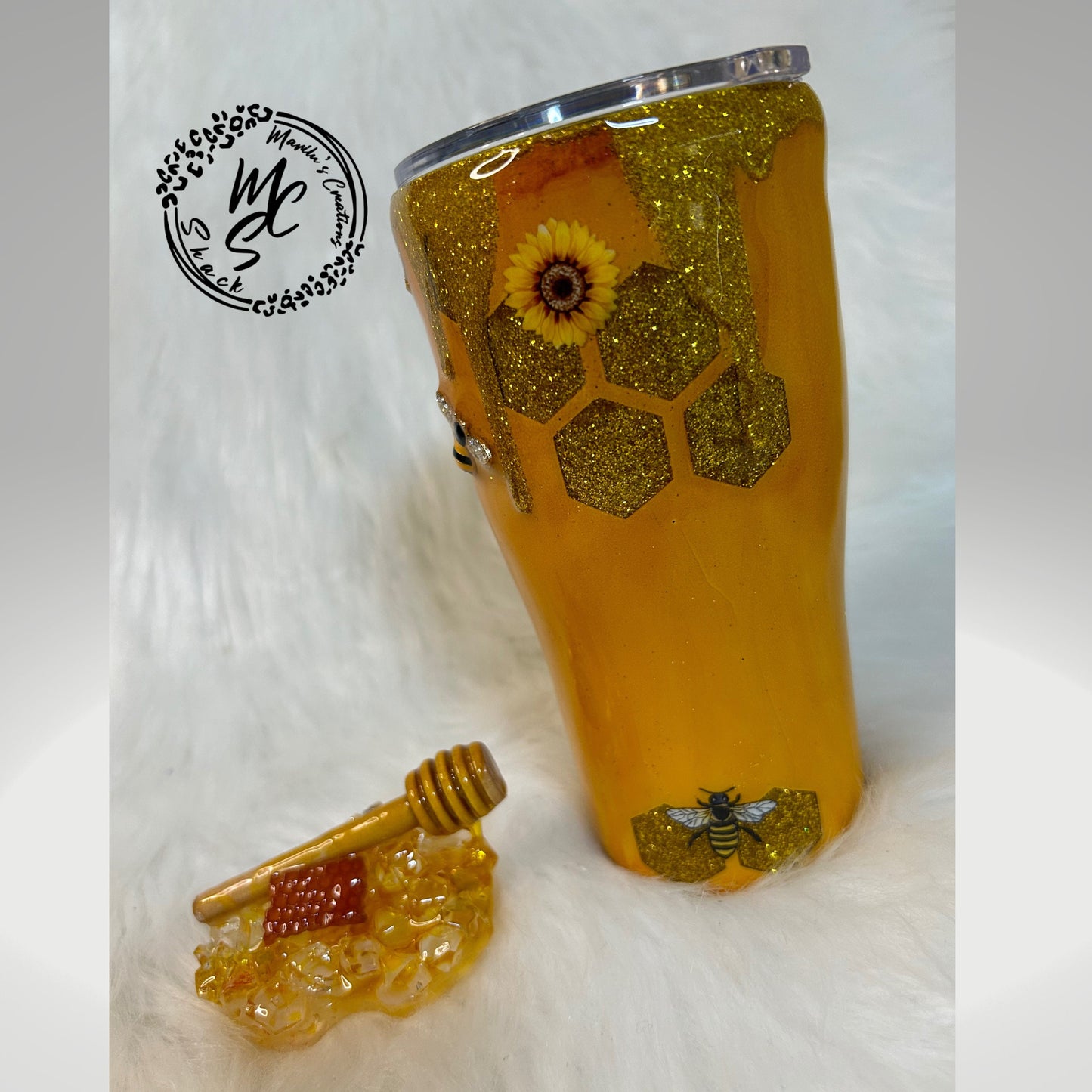 Bee Tumbler, honey bee and sunflowers 3D Tumbler with removable 3d Topper, 3d bees and honey dripping peekaboo glitter tumbler, gift for her