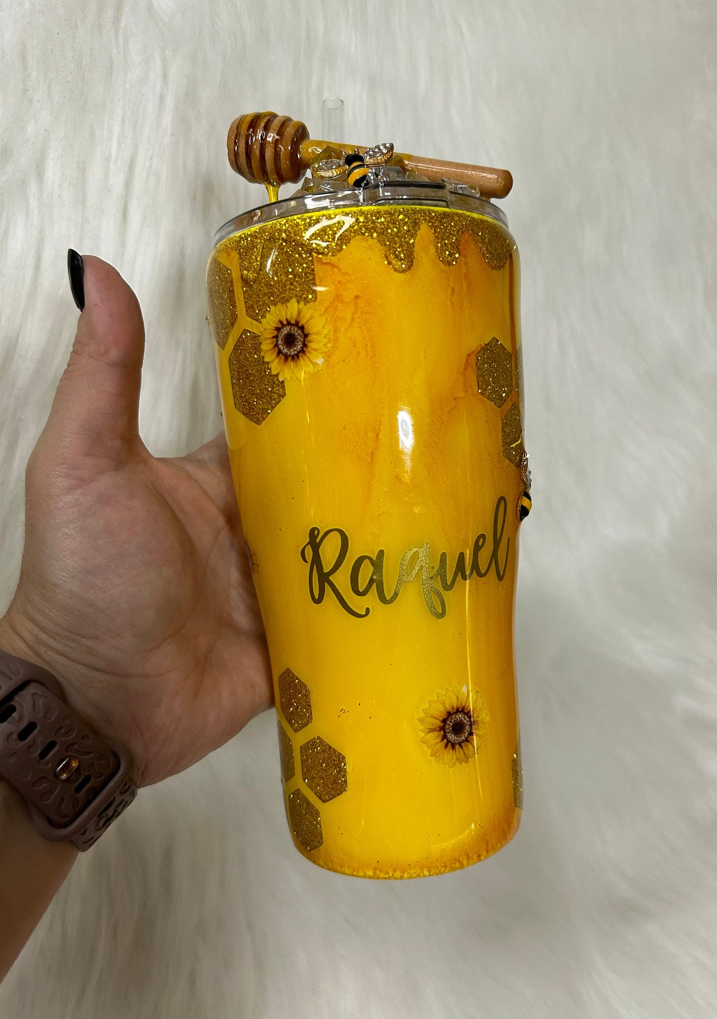 Bee Tumbler, honey bee and sunflowers 3D Tumbler with removable 3d Topper, 3d bees and honey dripping peekaboo glitter tumbler, gift for her