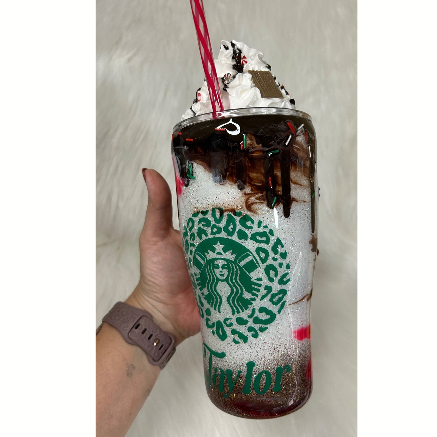 Candy Cane Mocha with 3D removable topper tumbler and 3D chocolate dripping, Glitter Cup, Whipped Cream topper, red, green, white, glitter.