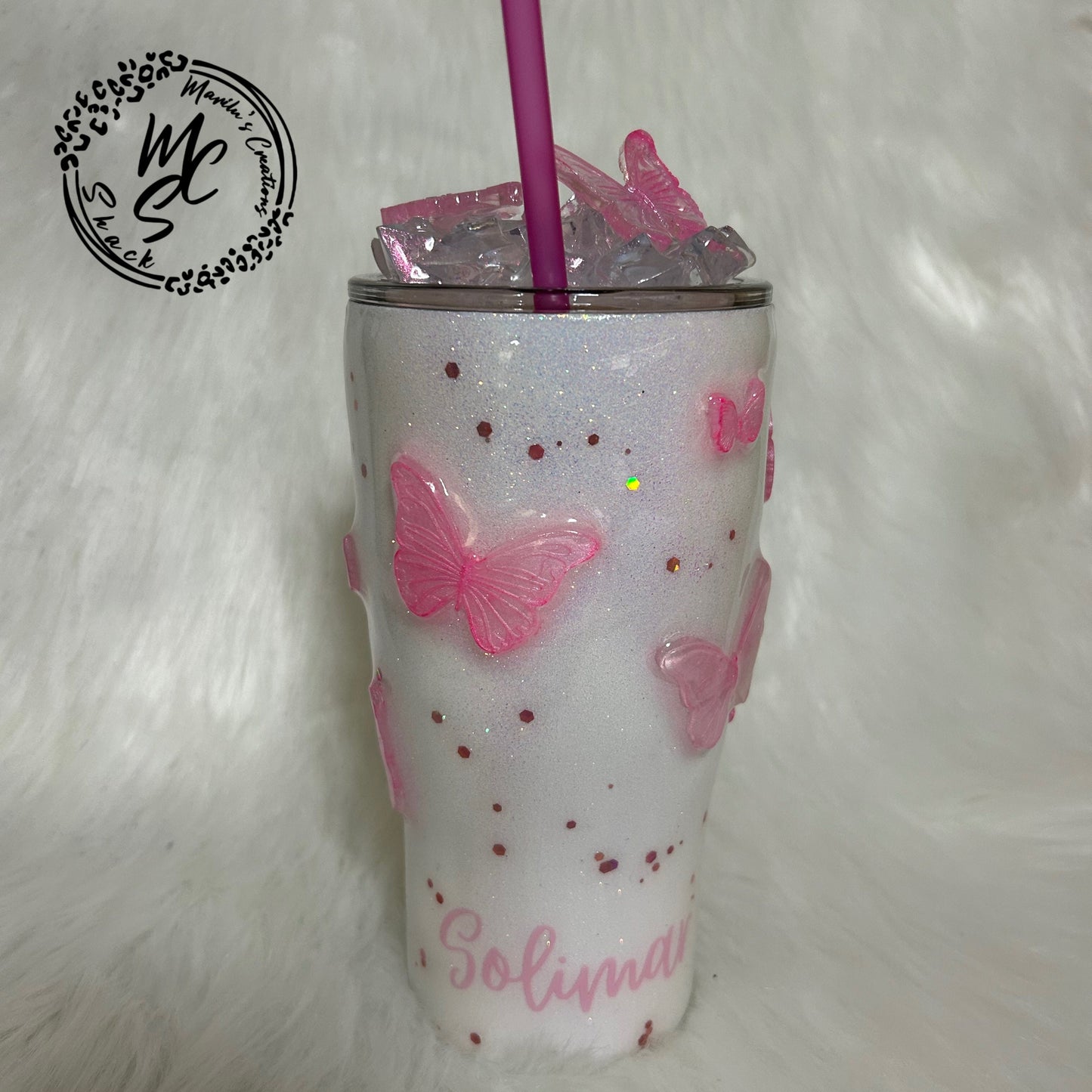 Pink Butterflies Tumbler with 3D butterflies and 3D removable butterflies lid topper, Baby pink, pink tumbler, glitter pink and white cup.