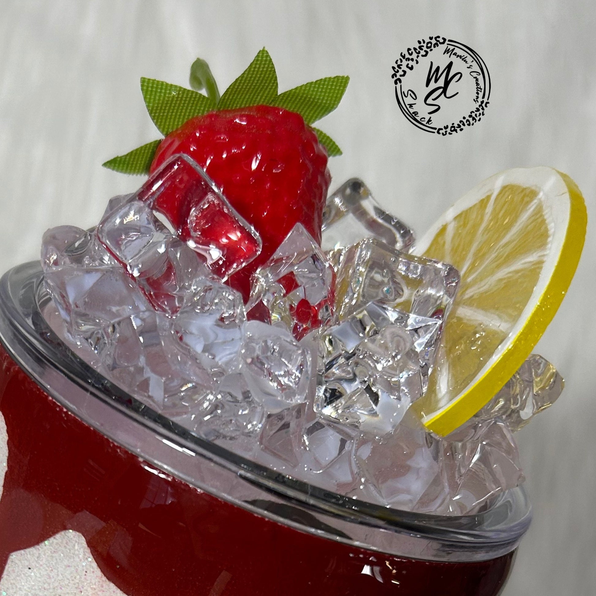 Strawberry Lemon and ice removable toppers and lid for different size tumblers. Fruit and Ice topper replacement lid. Tumbler top