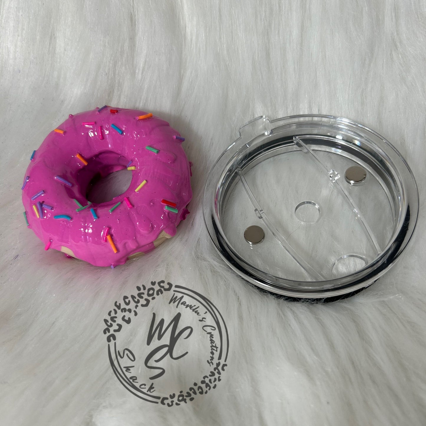 Donut, Pink Doughnut removable topper and lid for different size tumblers. Faux topper replacement lid. Tumbler top