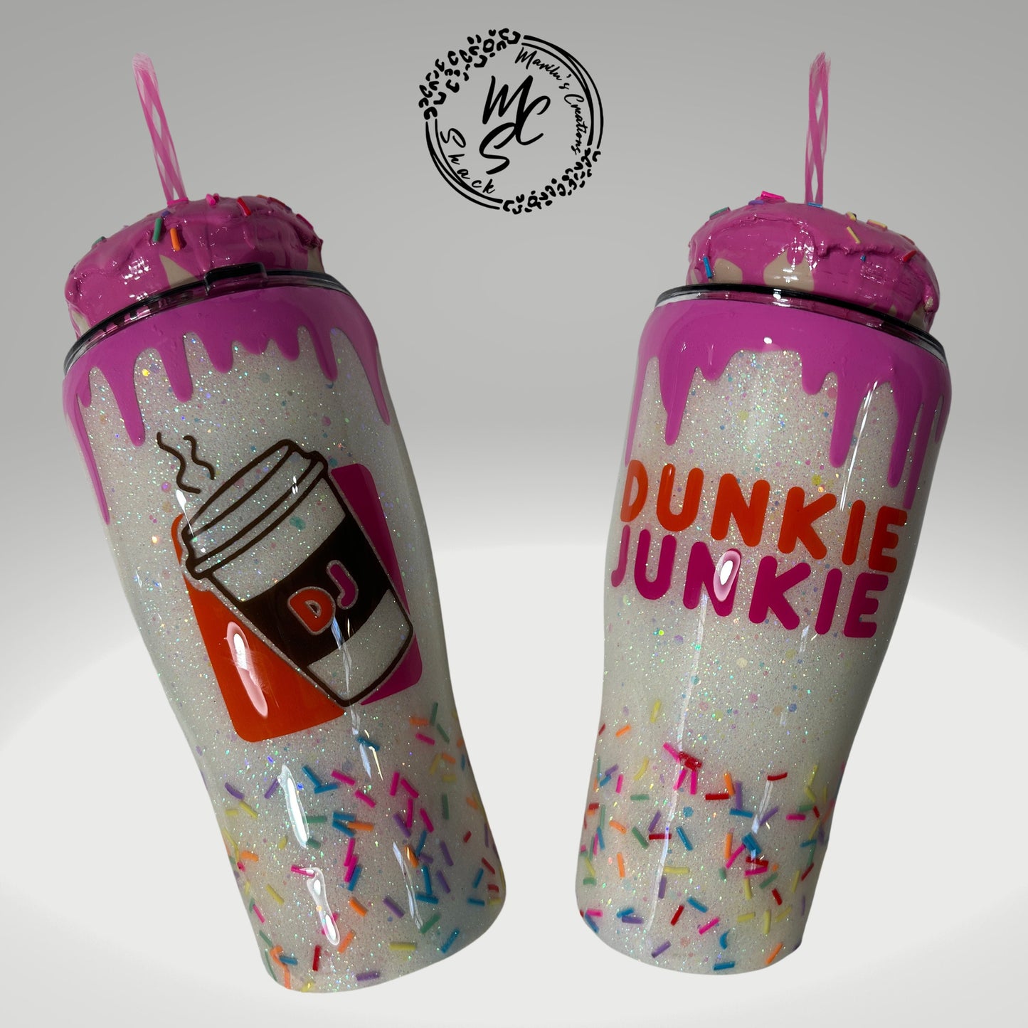 Dunkie Junkie Tumbler, 3d donut tumbler with pink dripping removable topper and sprinkles. 3d pink dripping glitter tumbler.